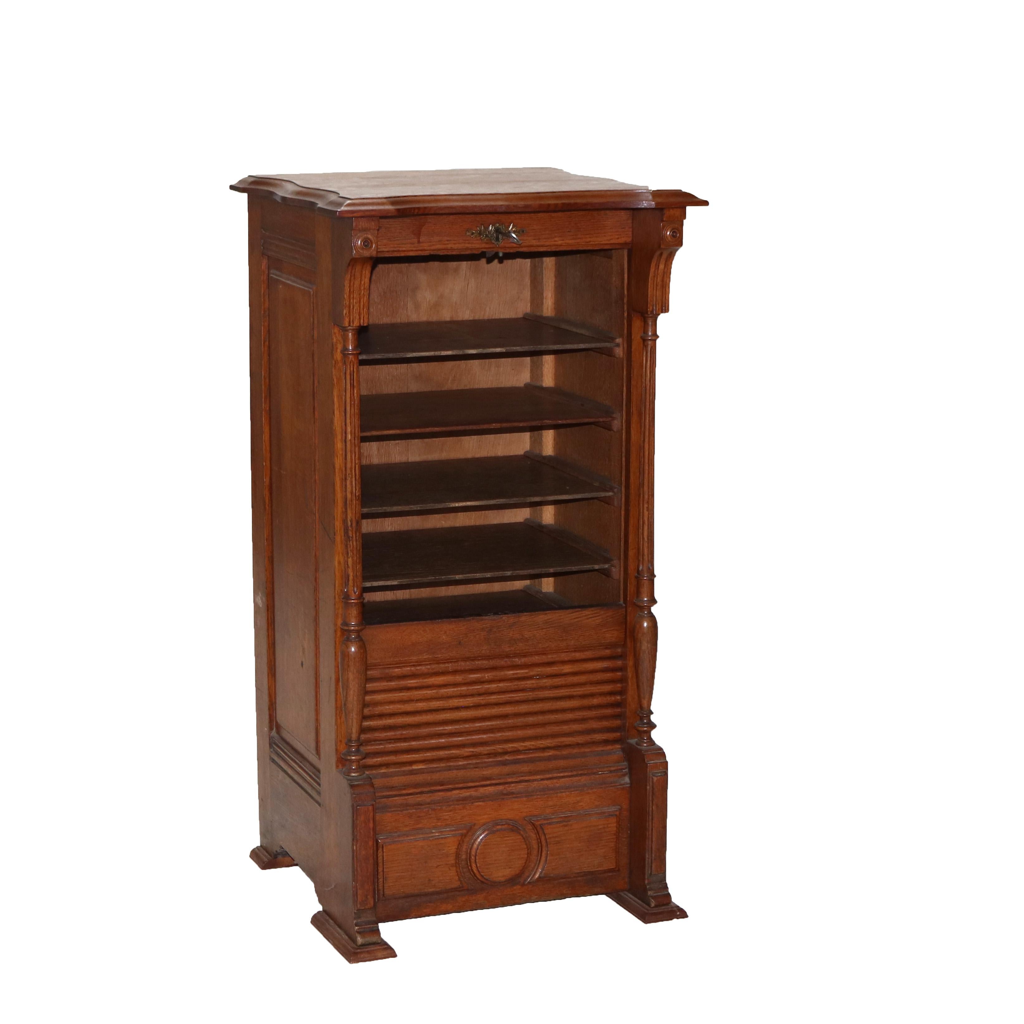 Antique RJ Horner Renaissance Revival Oak Tambour Roll Front Music Cabinet C1910 In Good Condition In Big Flats, NY