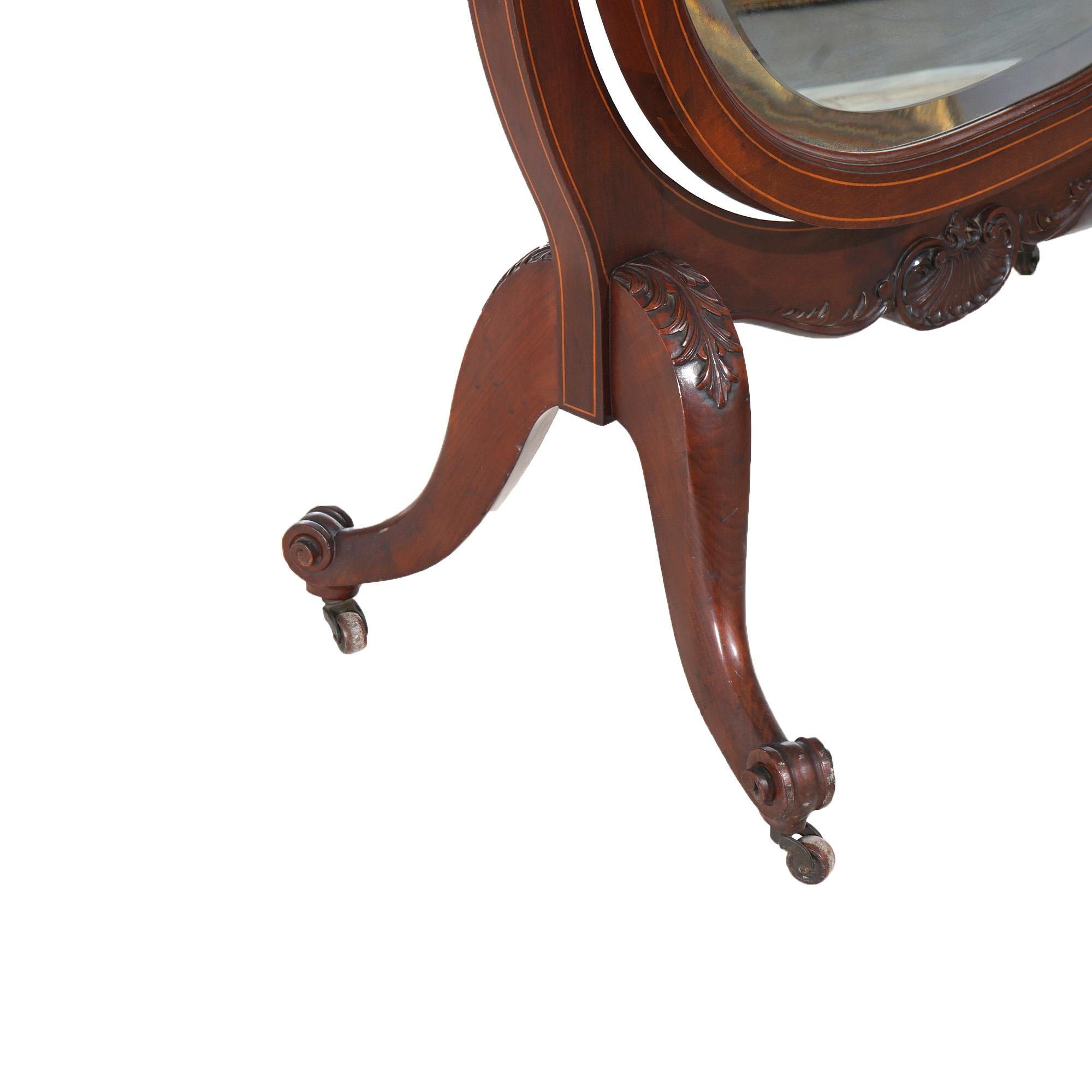 Antique RJ Horner School Carved Mahogany & Satinwood Inlaid Cheval Mirror C1900 12