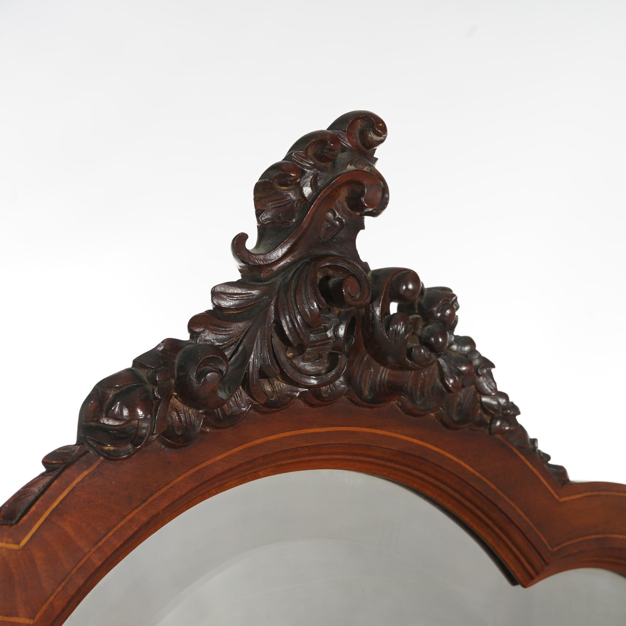 Rococo Revival Antique RJ Horner School Carved Mahogany & Satinwood Inlaid Cheval Mirror C1900