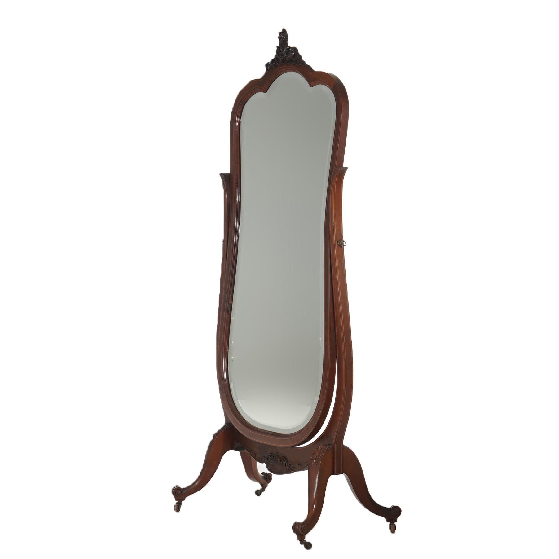 Antique RJ Horner School Carved Mahogany & Satinwood Inlaid Cheval Mirror C1900 In Good Condition In Big Flats, NY