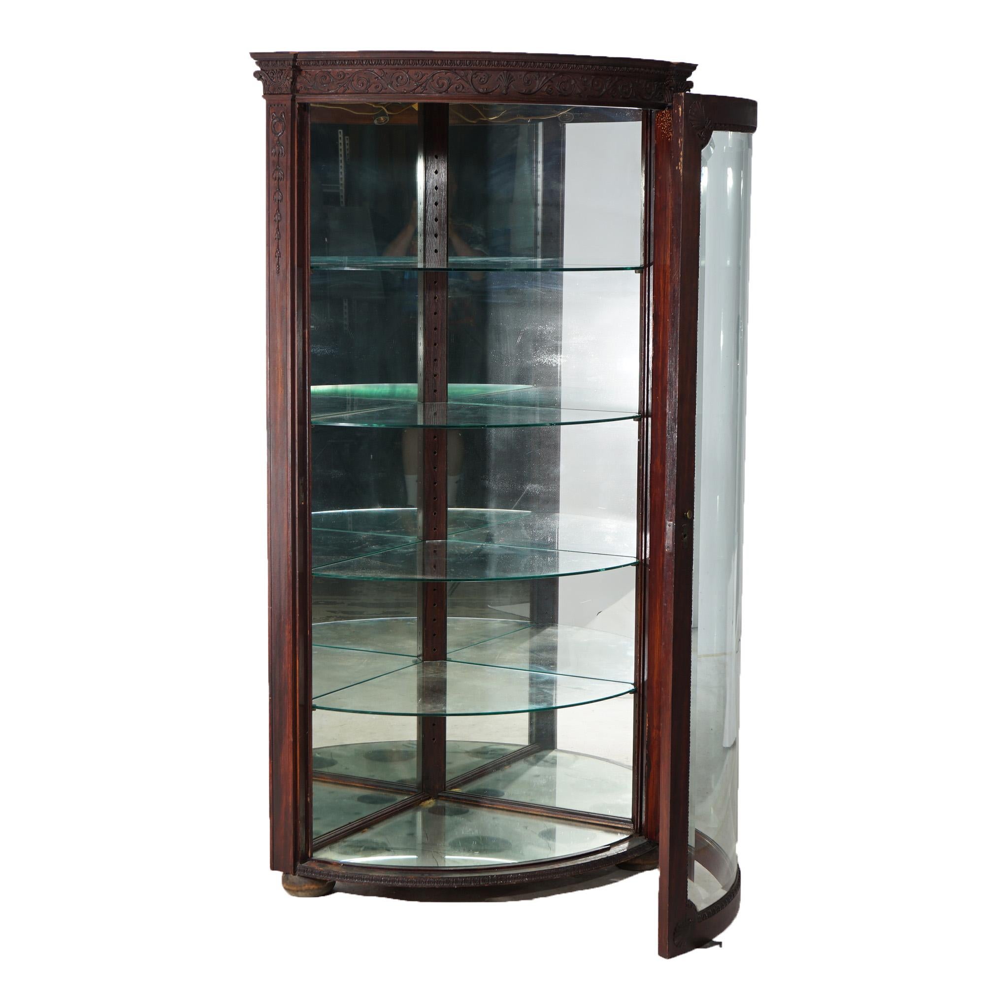 19th Century Antique RJ Horner School Carved Oak Corner China Cabinet with Curved Glass C1890