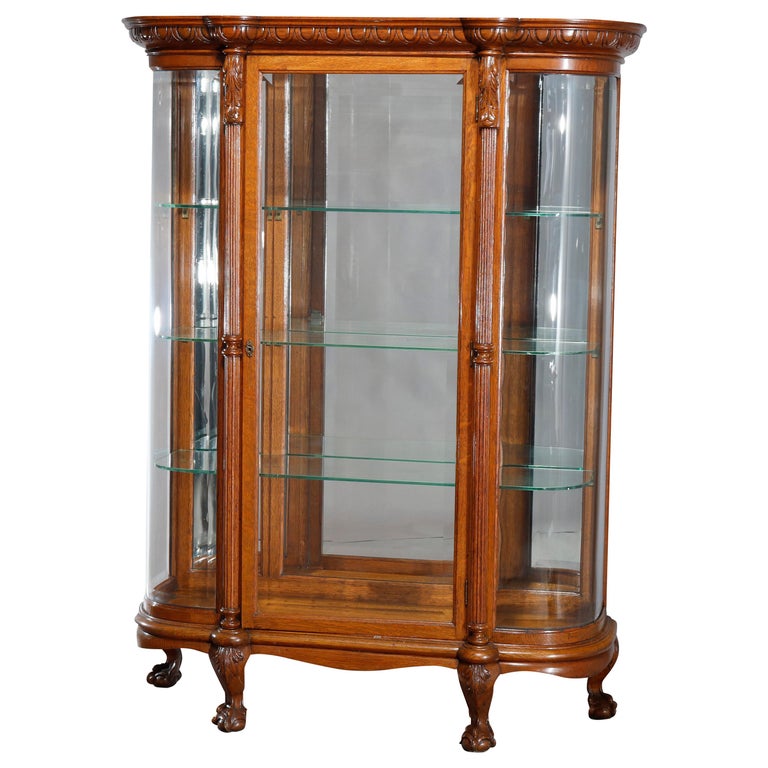 Antique Rj Horner School Carved Oak And, Oak Curio Cabinet With Curved Glass