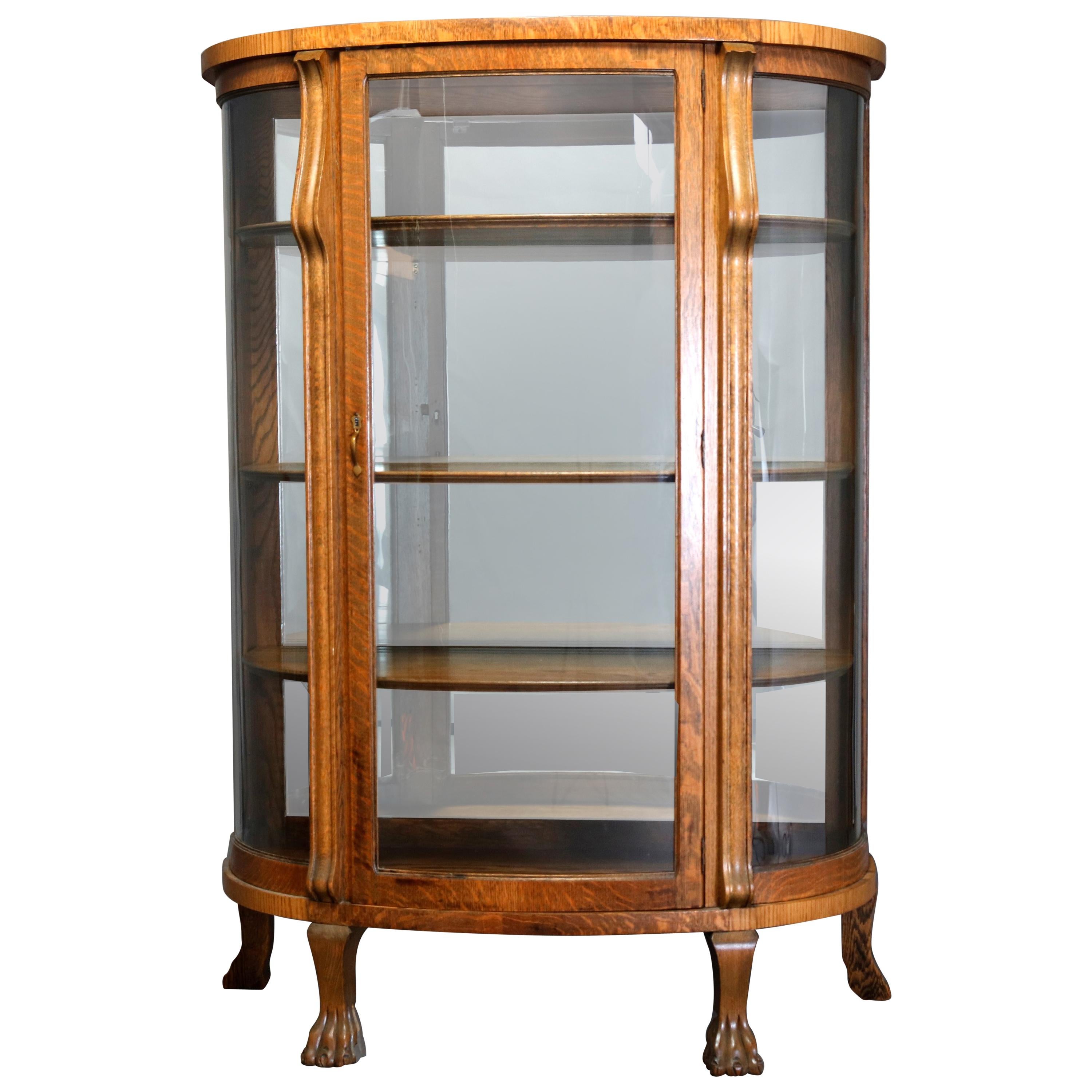 Antique R.J. Horner School Carved Oak & Curved Glass Mirrored China Cabinet