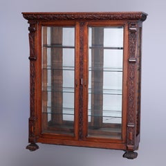 Antique RJ Horner School Carved Oak Double Door Mirror-Back China Cabinet, c1910