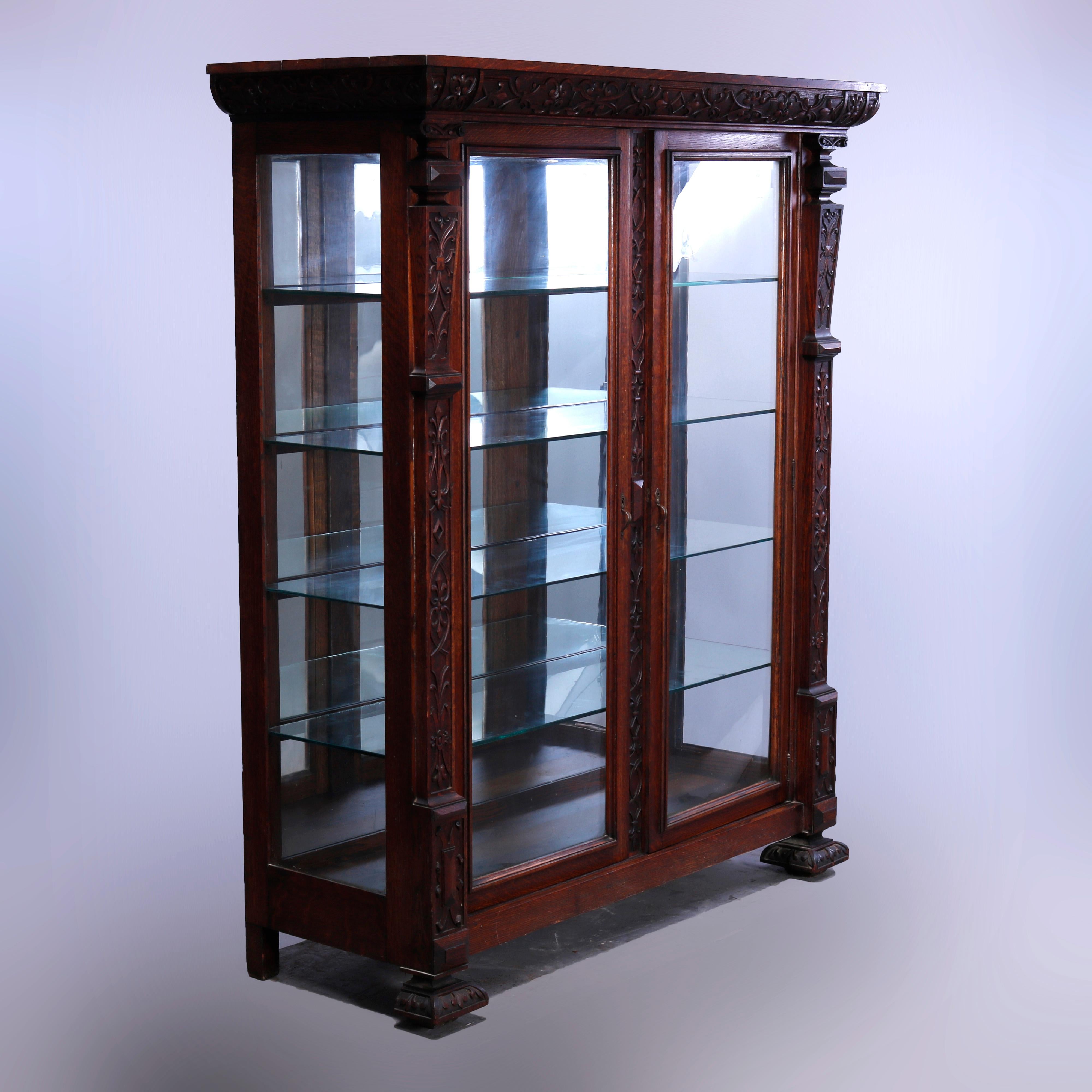 American Antique RJ Horner School Carved Oak Double Door Mirror-Back China Cabinet, c1910