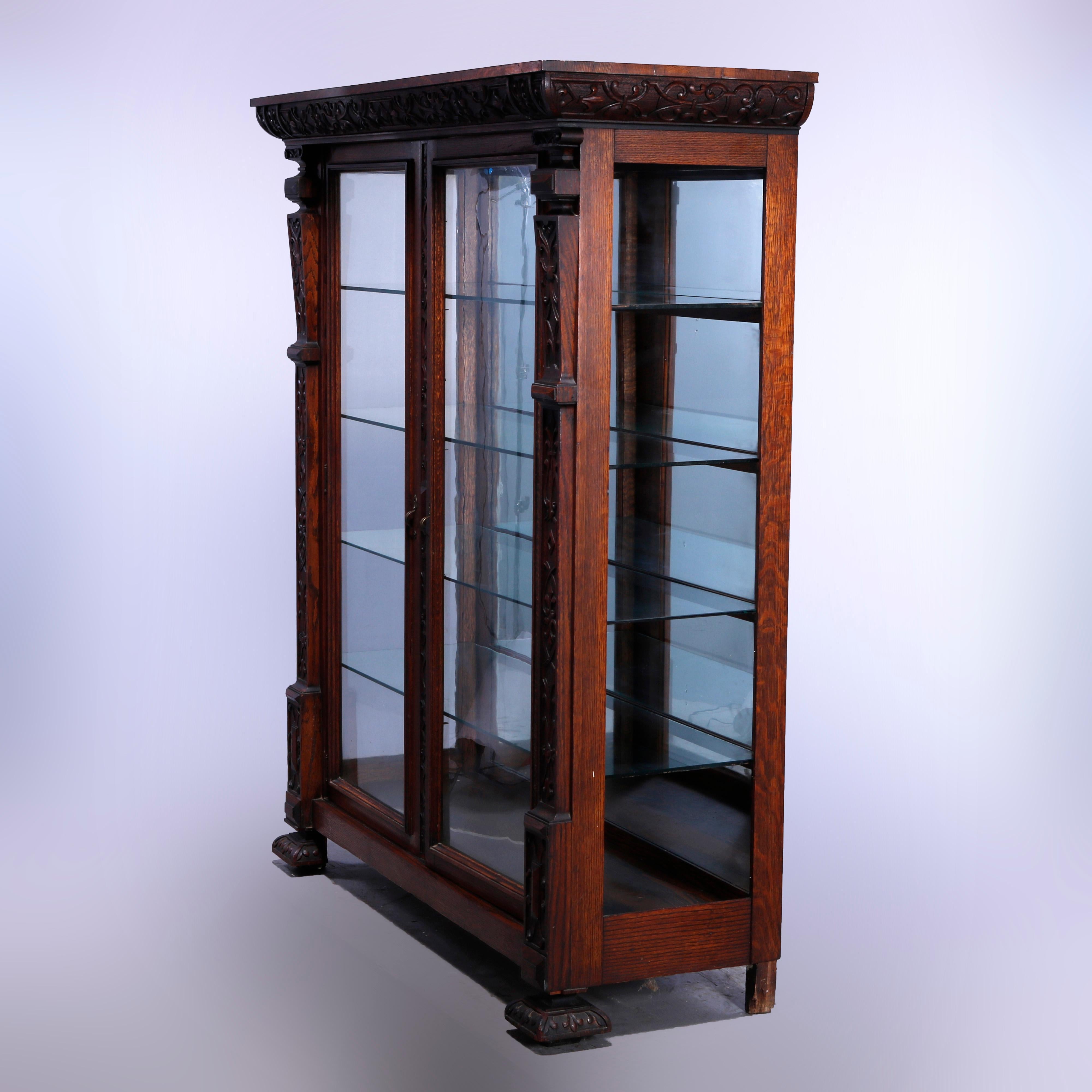 Antique RJ Horner School Carved Oak Double Door Mirror-Back China Cabinet, c1910 In Good Condition In Big Flats, NY