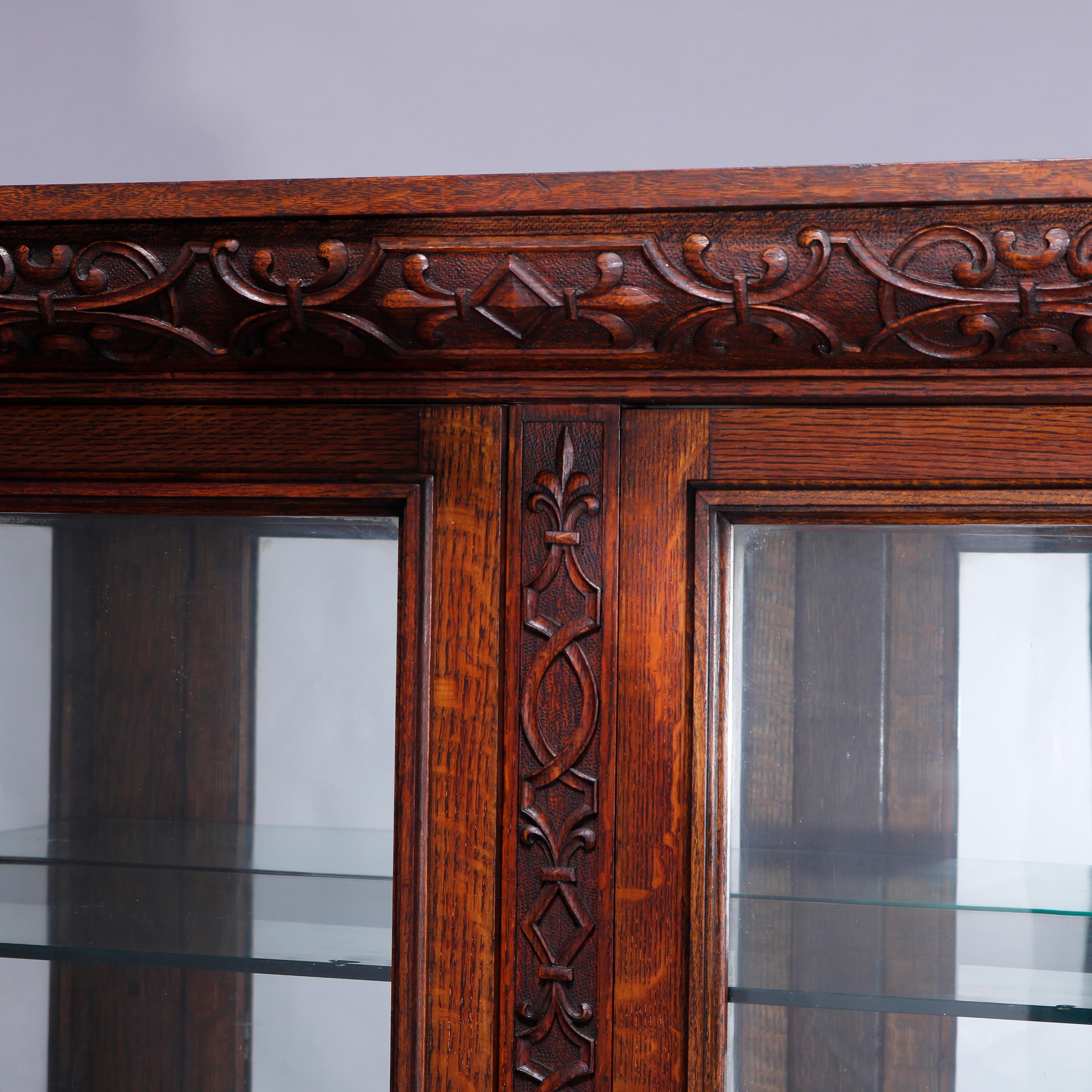 Glass Antique RJ Horner School Carved Oak Double Door Mirror-Back China Cabinet, c1910