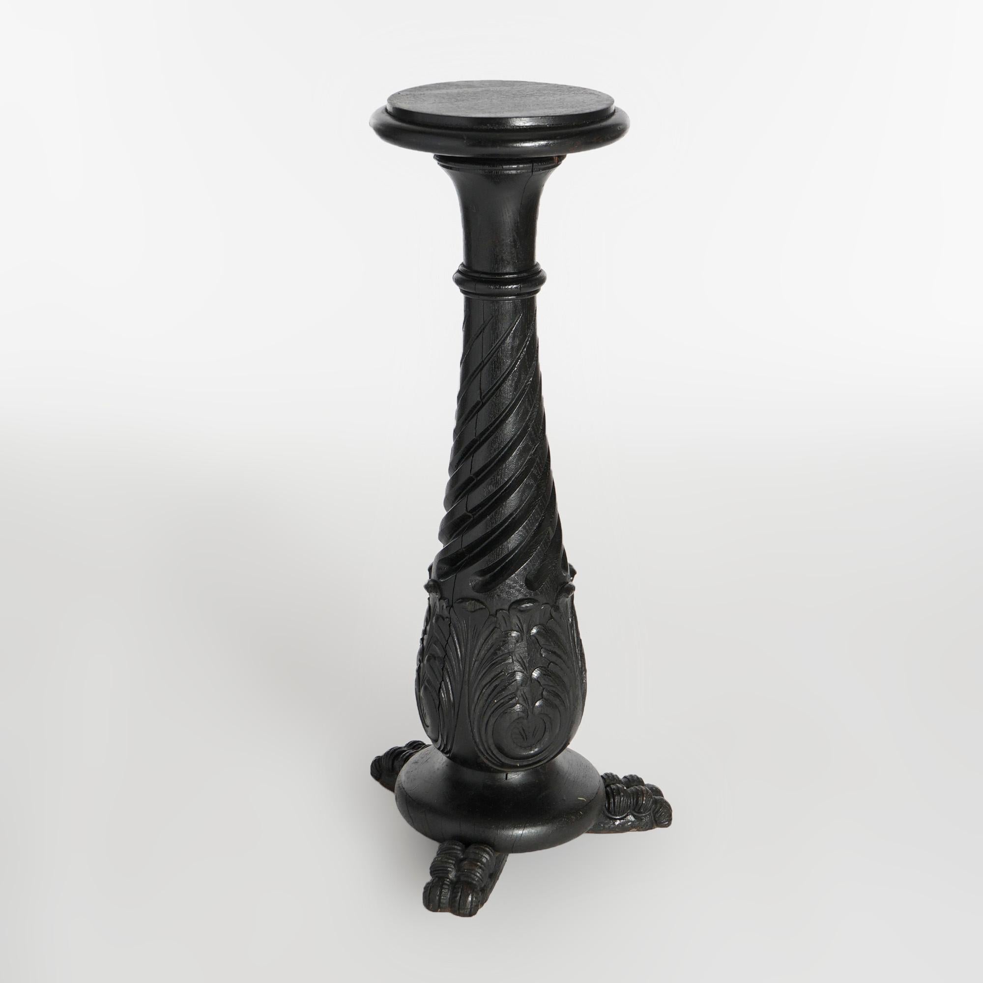 An antique RJ Horner sculpture pedestal offers carved oak construction with circular display over rope twist column with acanthus raised on base with stylized paw feet, c1900

Measures- 36.25'' H x 14'' W x 14'' D.

Catalogue Note: Ask about