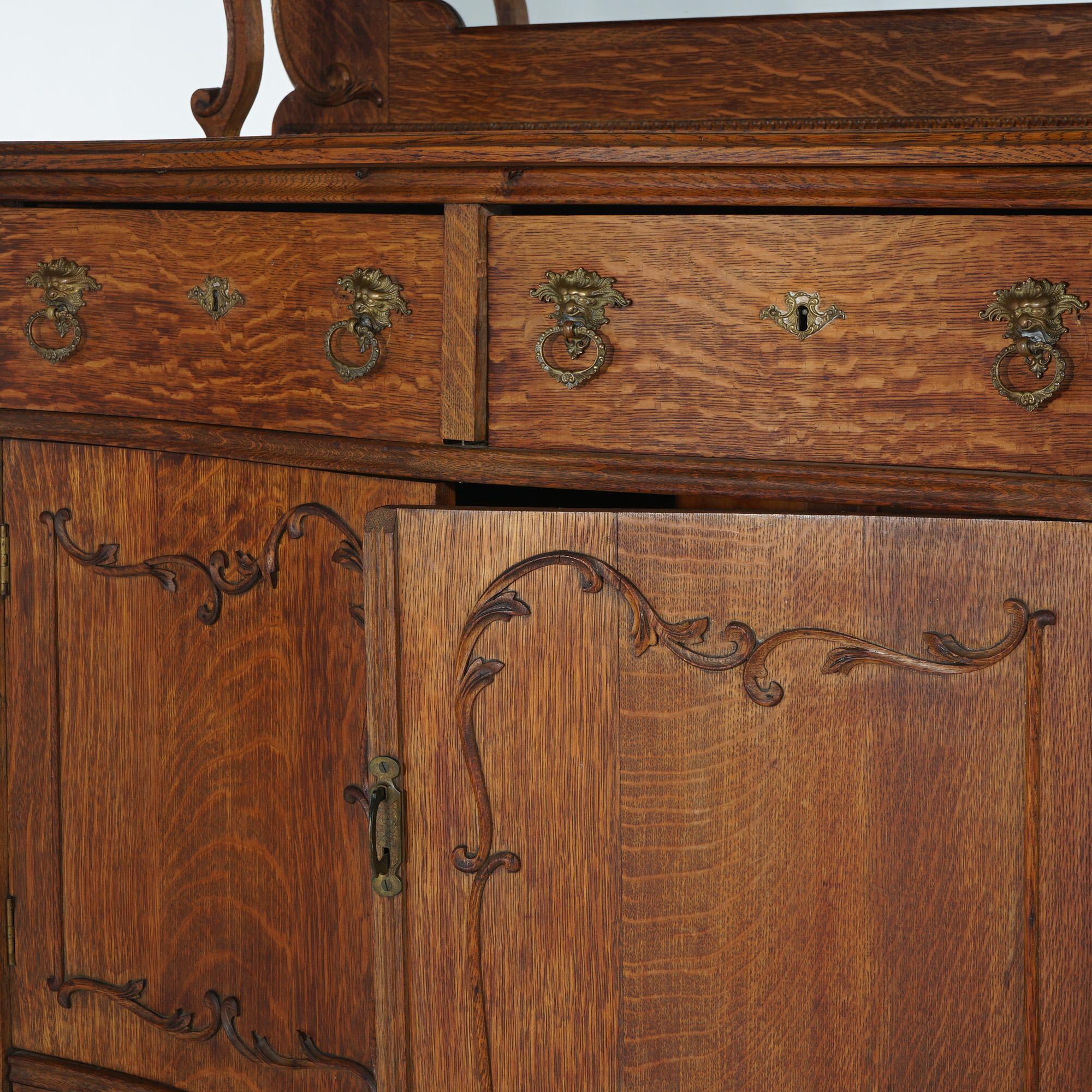Antique RJ Horner School Carved Oak Swell Front & Mirrored Server C1910 In Good Condition For Sale In Big Flats, NY