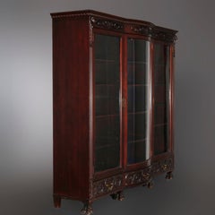 Antique RJ Horner School Figural Carved Mahogany Bow Front Bookcase, circa 1910