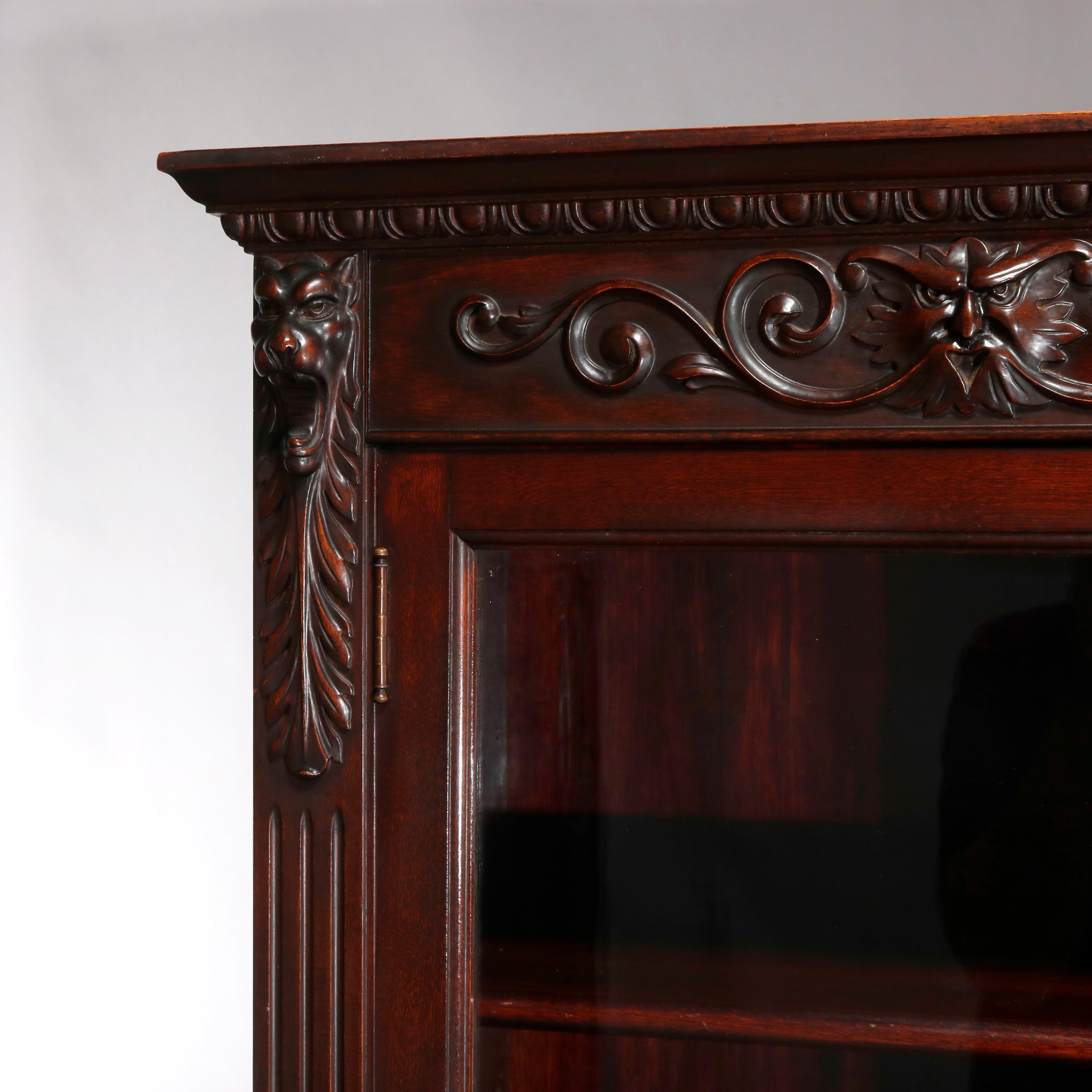 Antique RJ Horner School Figural Carved Mahogany Bow Front Bookcase, circa 1910 In Good Condition In Big Flats, NY