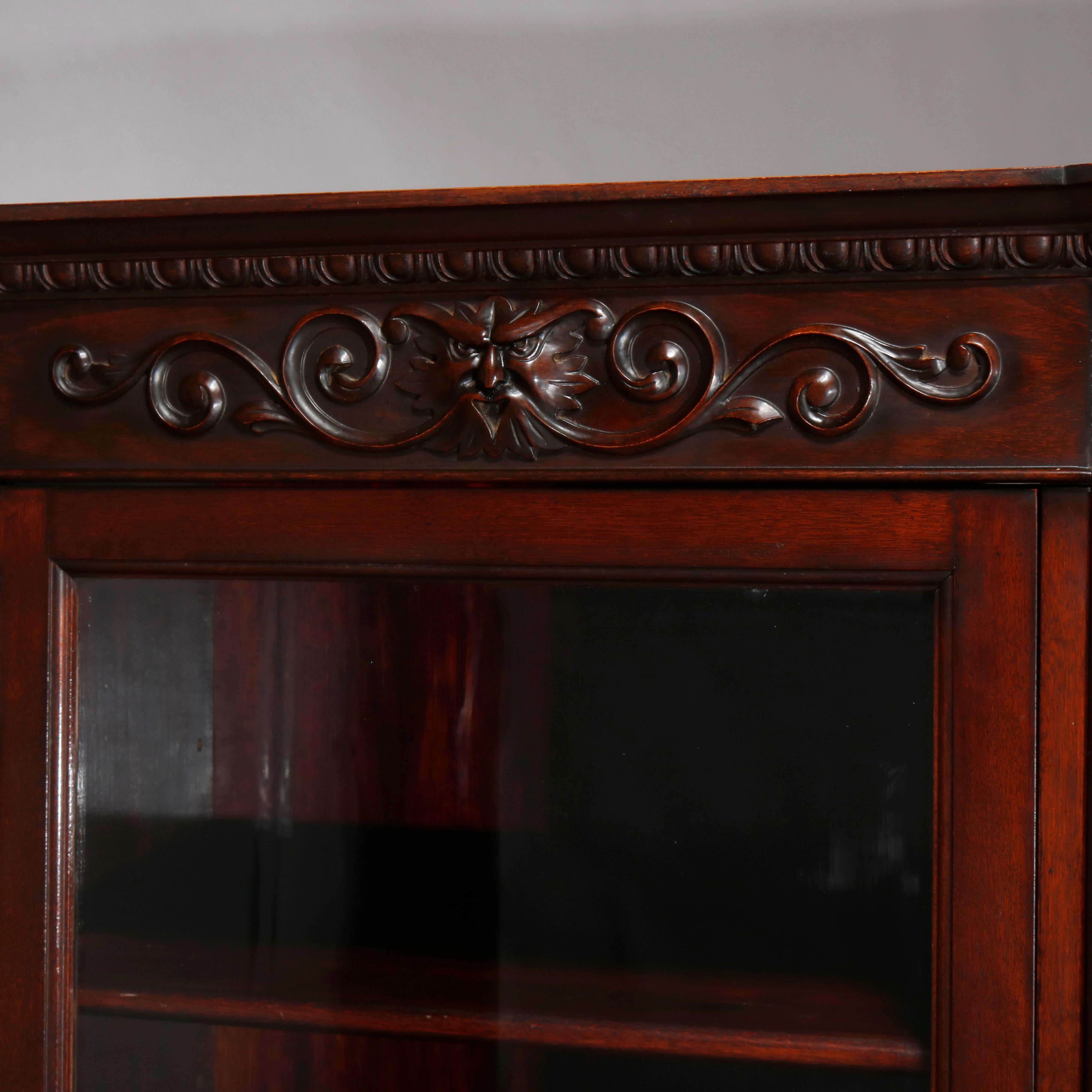 20th Century Antique RJ Horner School Figural Carved Mahogany Bow Front Bookcase, circa 1910