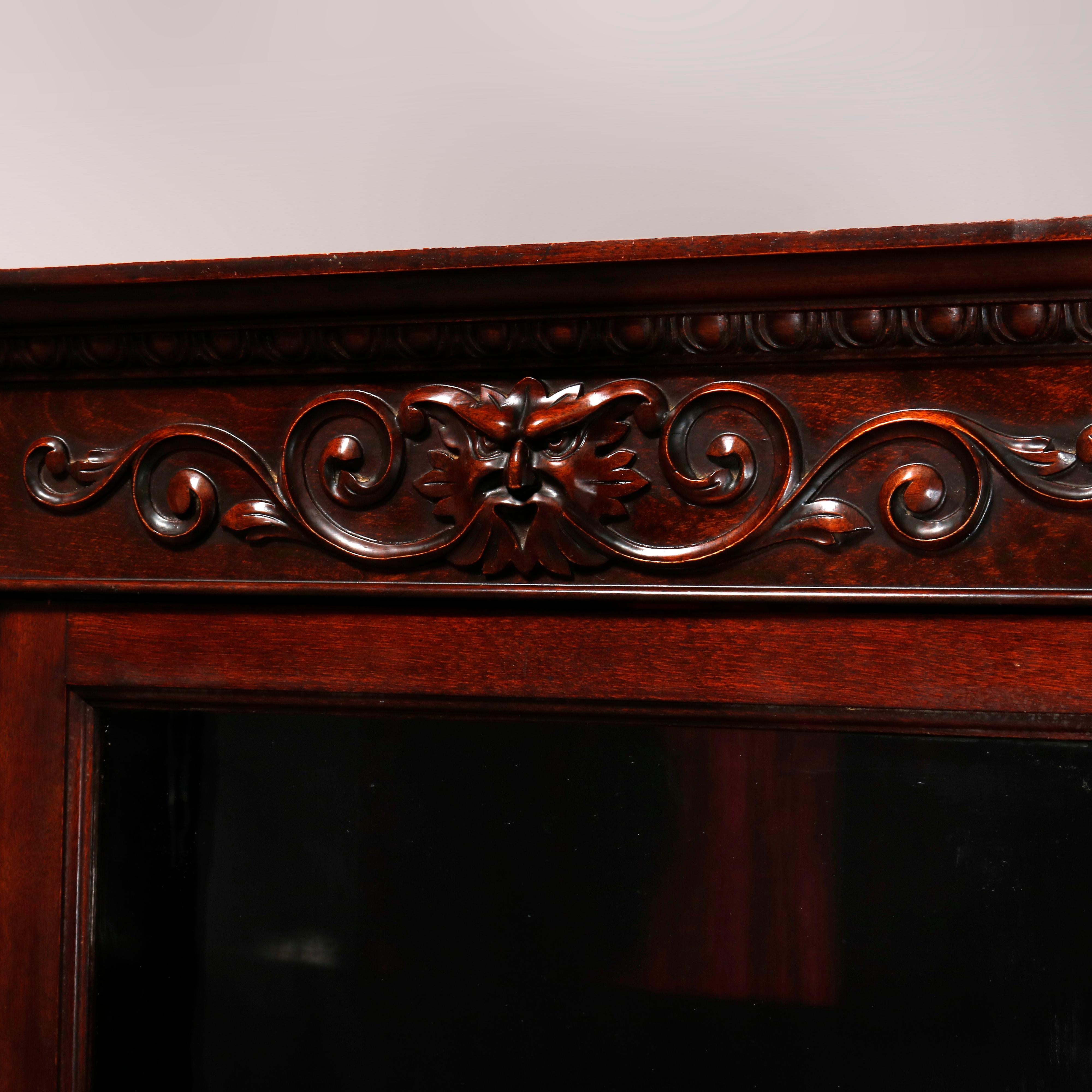 Wood Antique RJ Horner School Figural Carved Mahogany Bow Front Bookcase, circa 1910