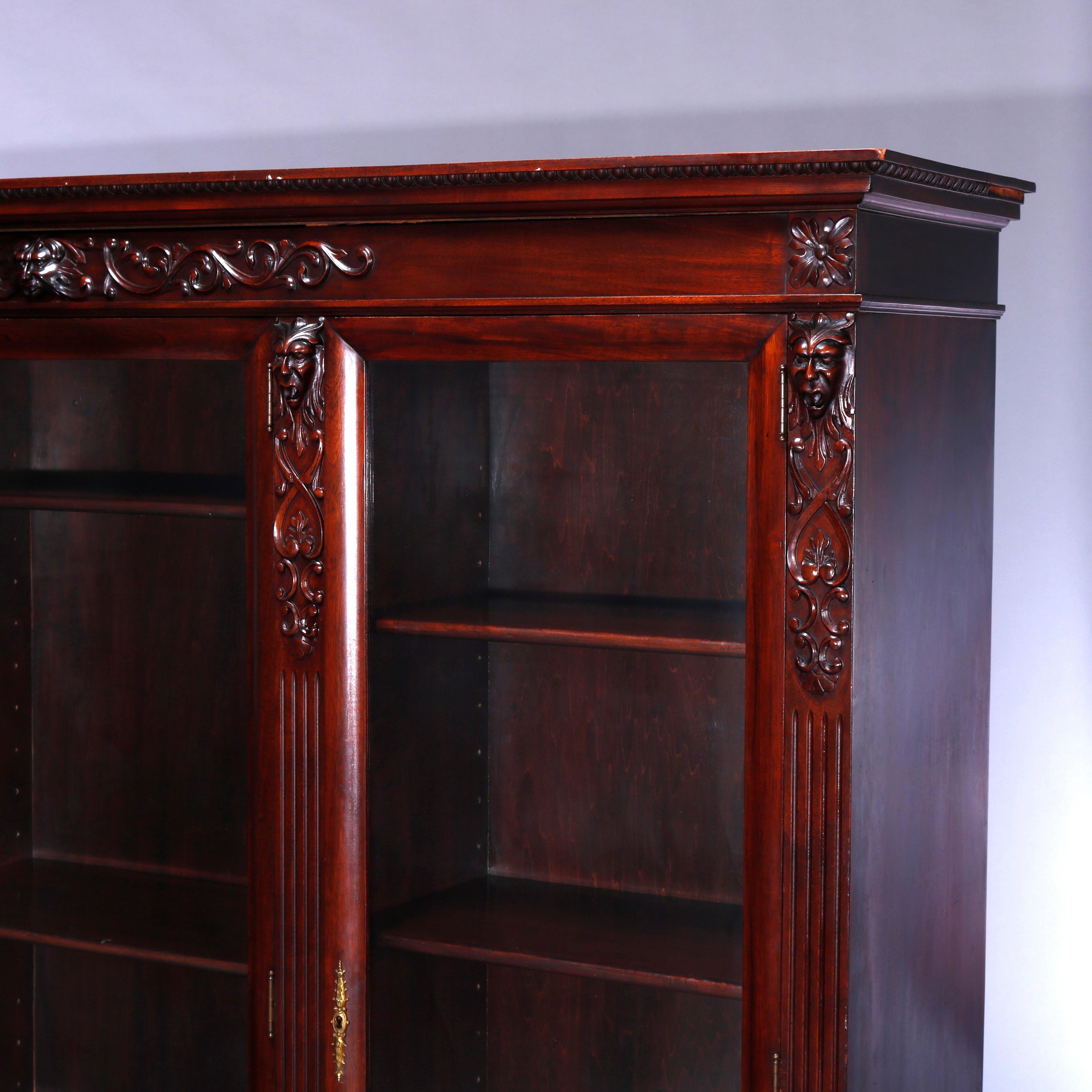 Antique RJ Horner School Figural Carved Mahogany Triple Door Bookcase, c1890 In Good Condition In Big Flats, NY