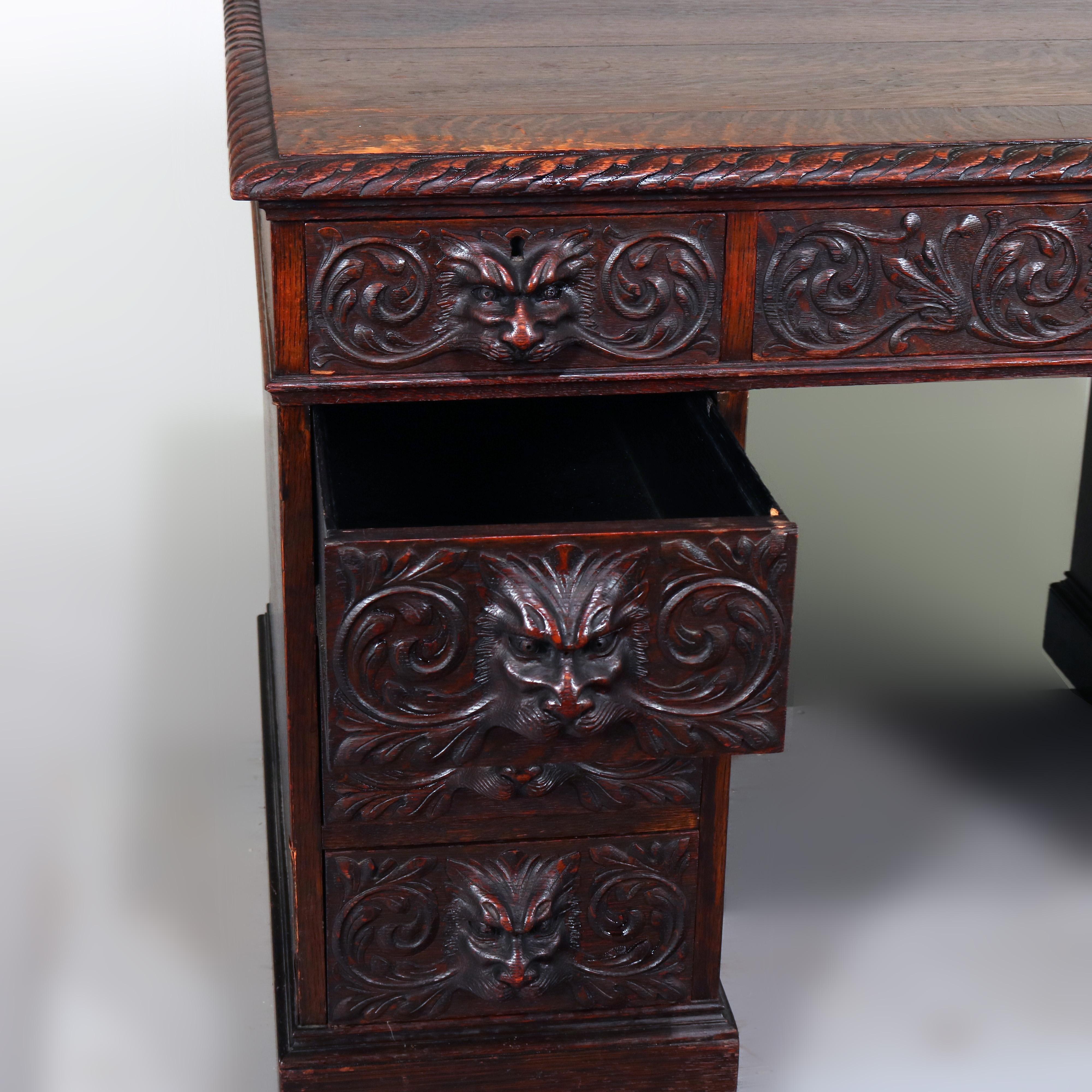 Antique RJ Horner School Figural Carved Oak Knee Hole Campaign Desk, circa 1910 In Good Condition In Big Flats, NY