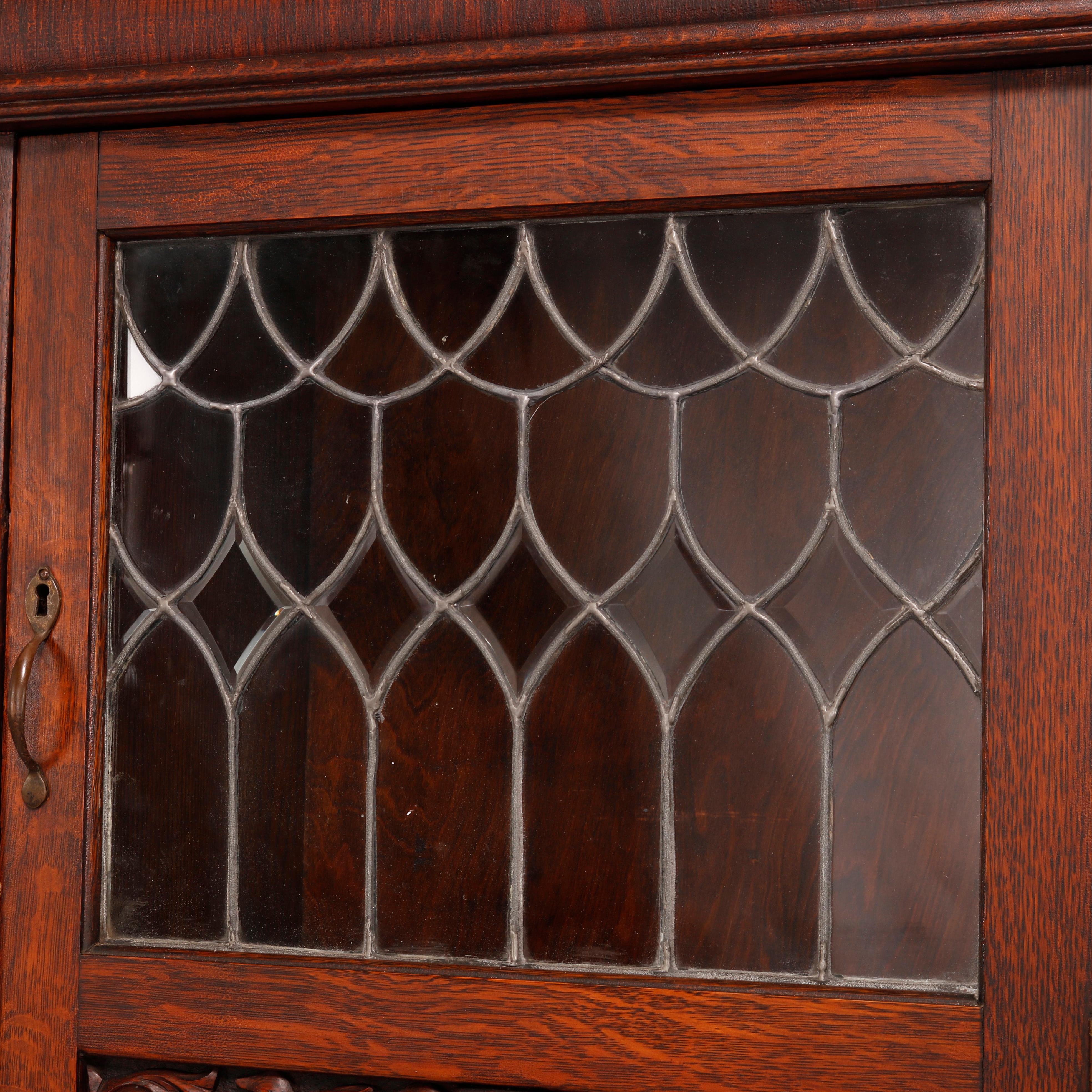 Antique RJ Horner School Figural Carved Oak & Leaded Glass Secretary, c1920 9