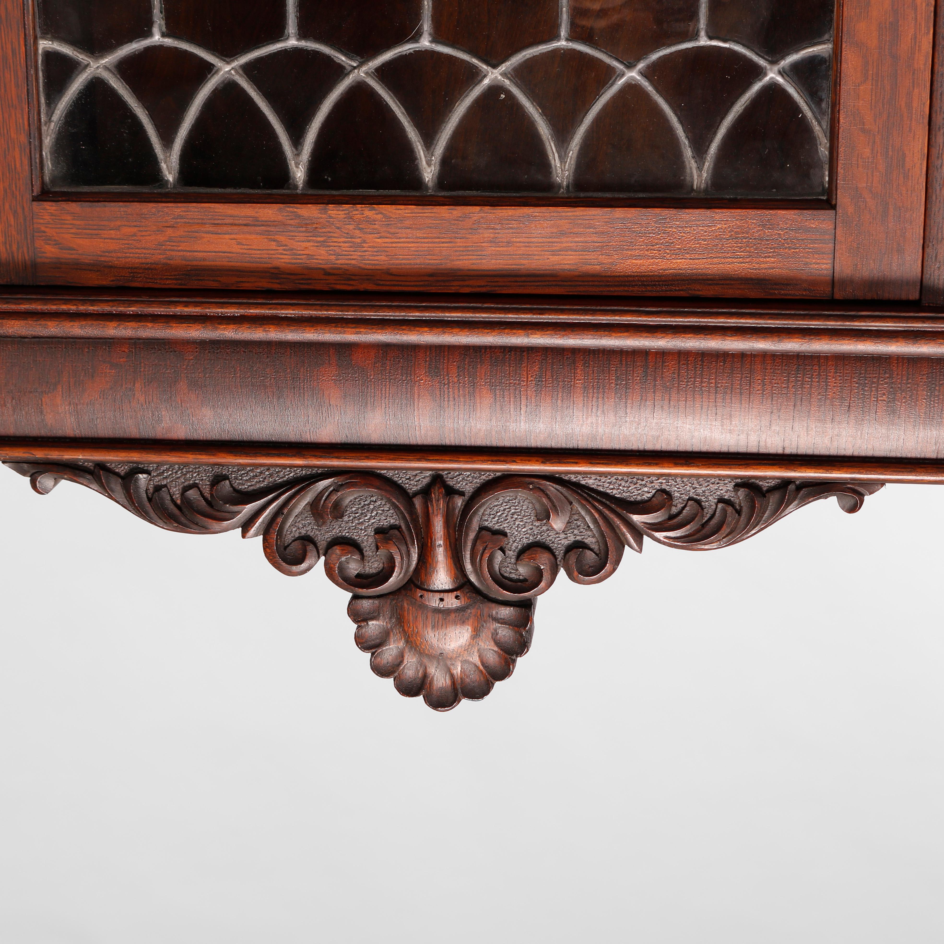 Antique RJ Horner School Figural Carved Oak & Leaded Glass Secretary, c1920 13