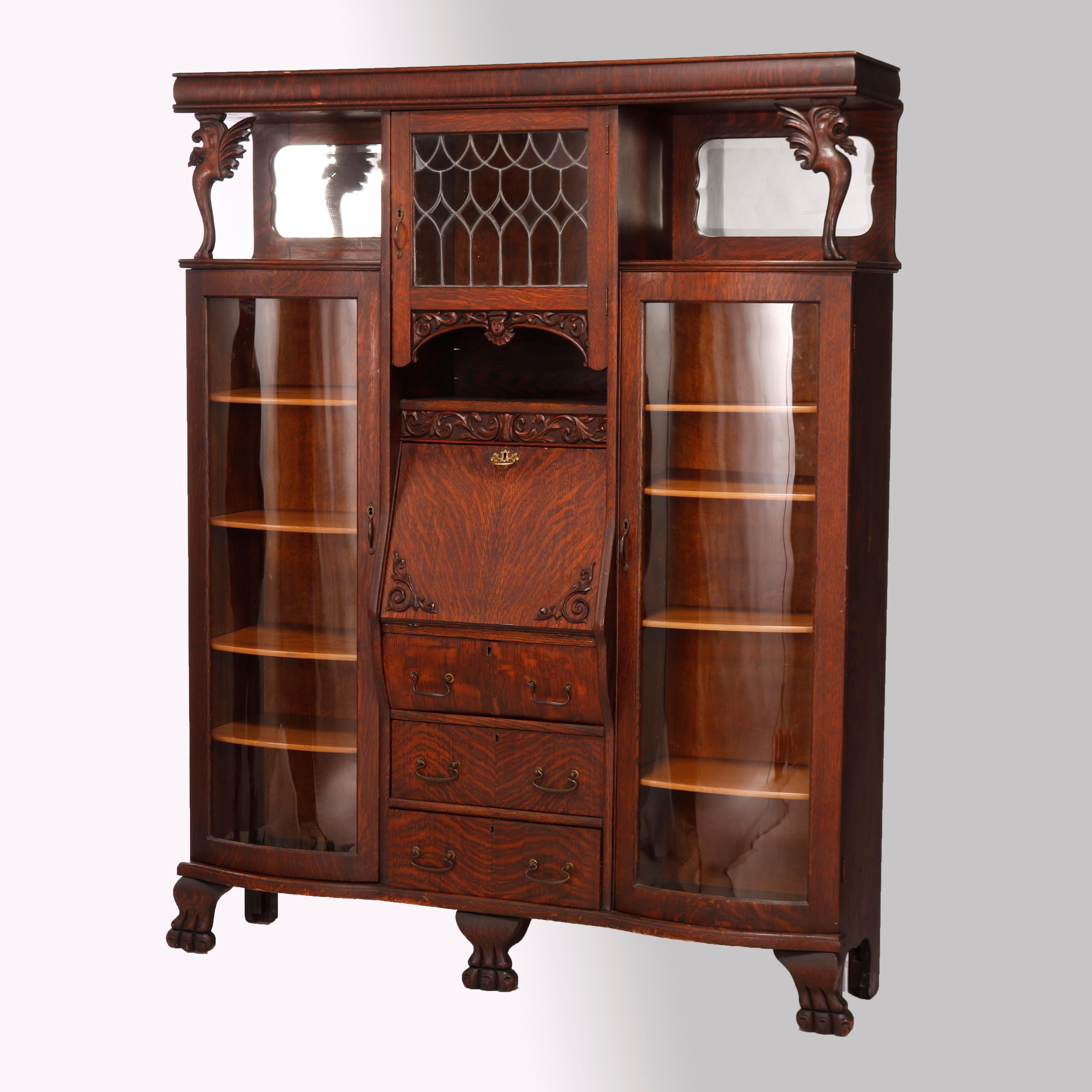 American Antique RJ Horner School Figural Carved Oak & Leaded Glass Secretary, c1920