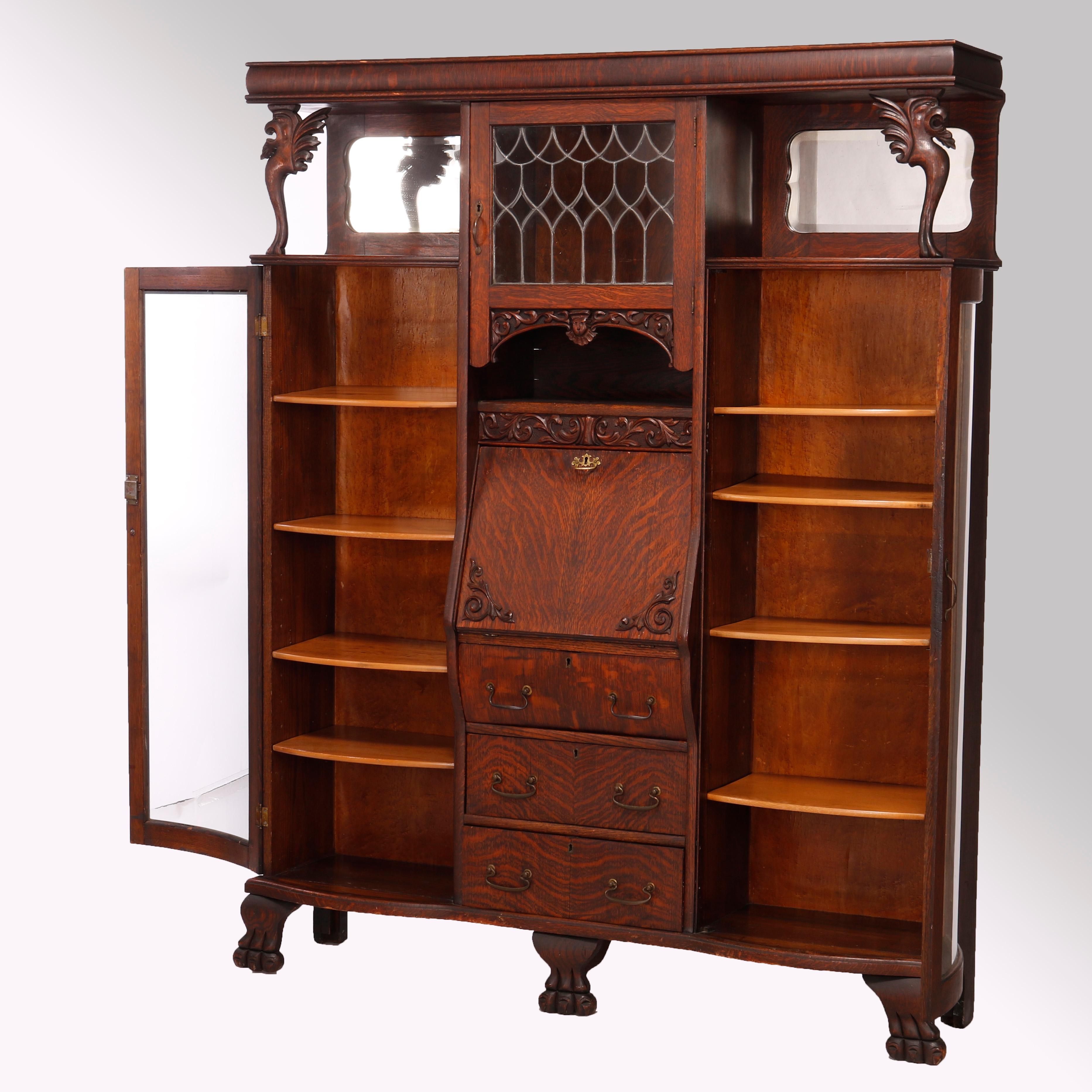 Antique RJ Horner School Figural Carved Oak & Leaded Glass Secretary, c1920 In Good Condition In Big Flats, NY