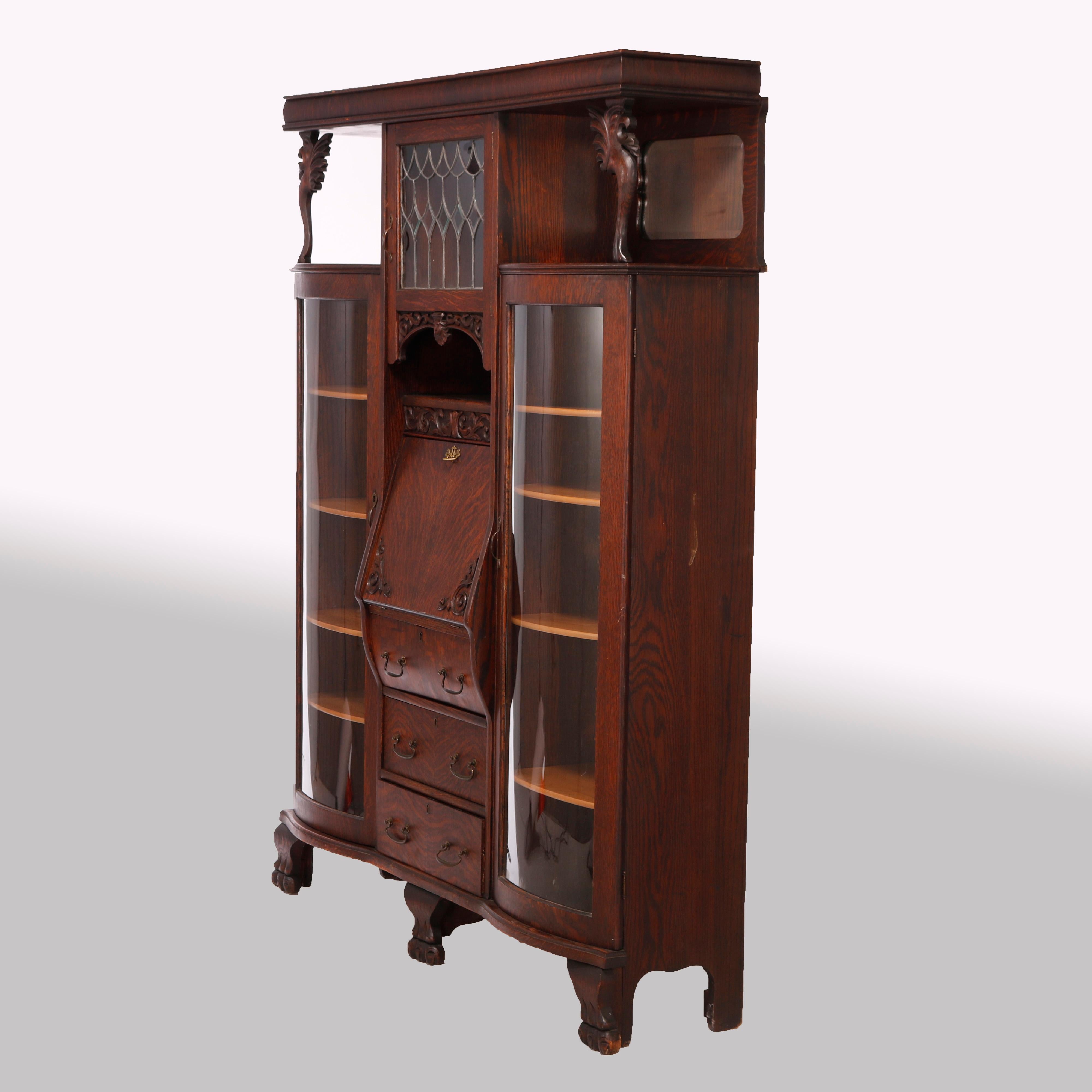 Antique RJ Horner School Figural Carved Oak & Leaded Glass Secretary, c1920 1