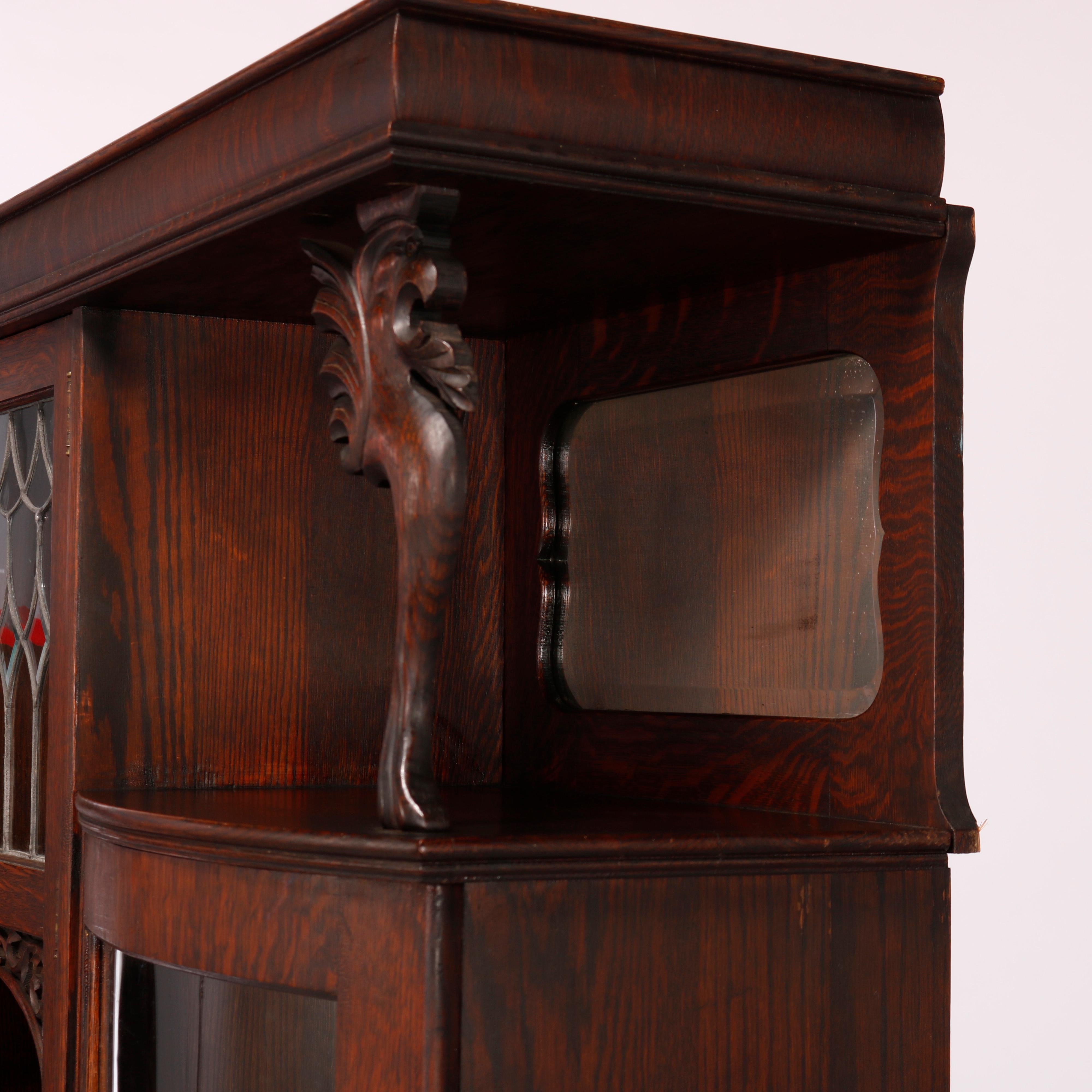 Antique RJ Horner School Figural Carved Oak & Leaded Glass Secretary, c1920 3