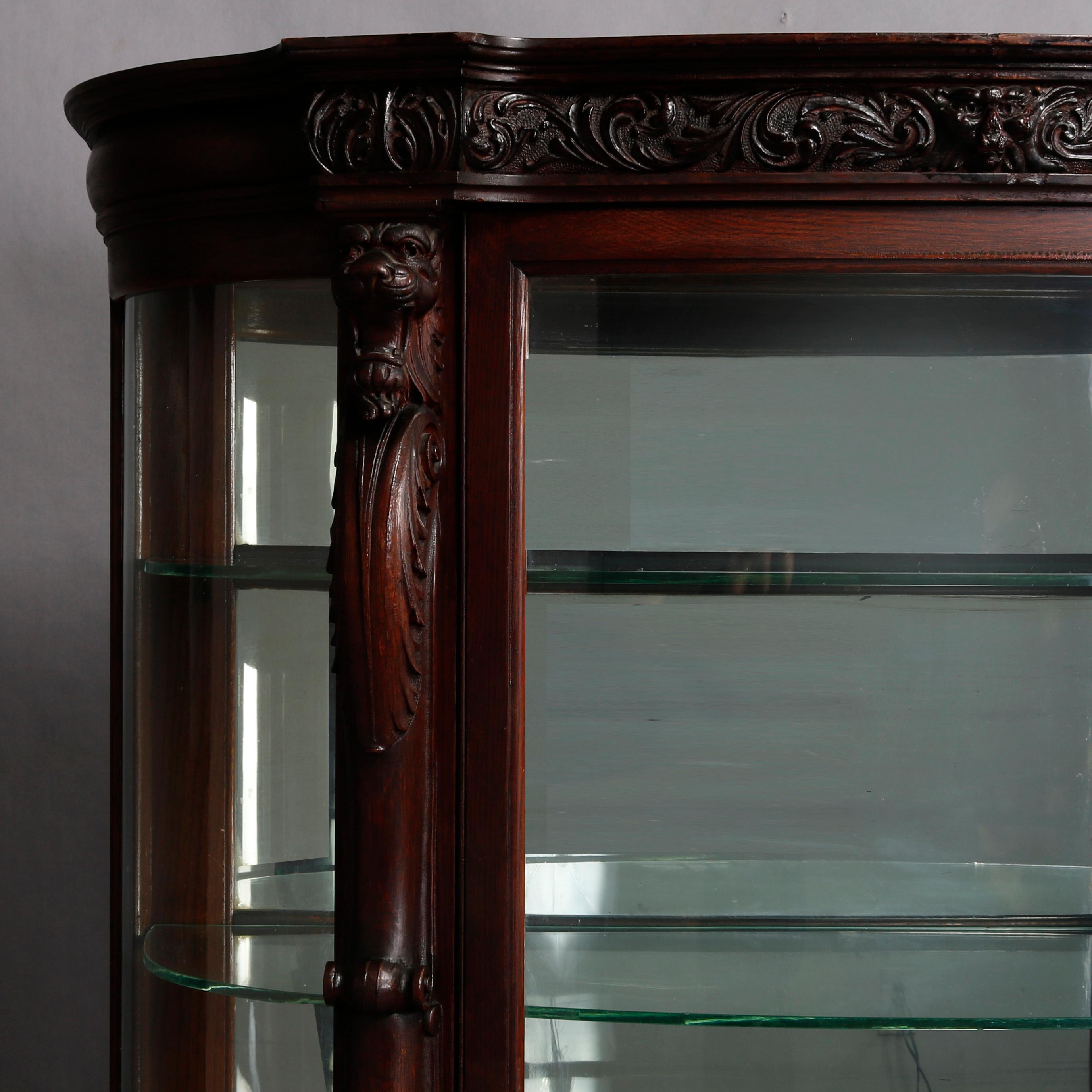 Gothic Revival Antique RJ Horner School Figural Lion Carved Oak China Cabinet, circa 1880
