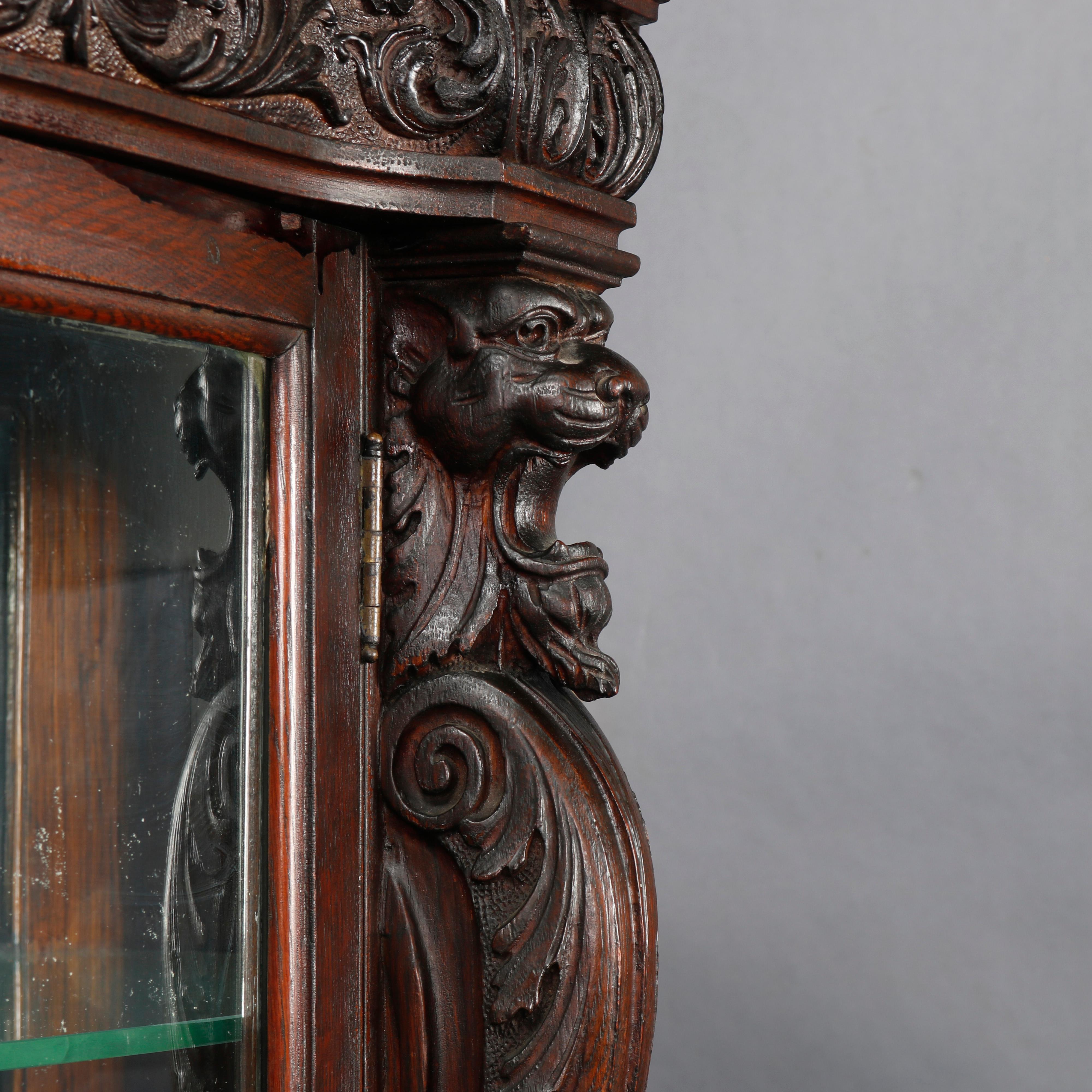 19th Century Antique RJ Horner School Figural Lion Carved Oak China Cabinet, circa 1880
