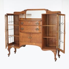 Antique RJ Horner School Oak China Buffet with Mirror & Leaded Glass Doors C1900