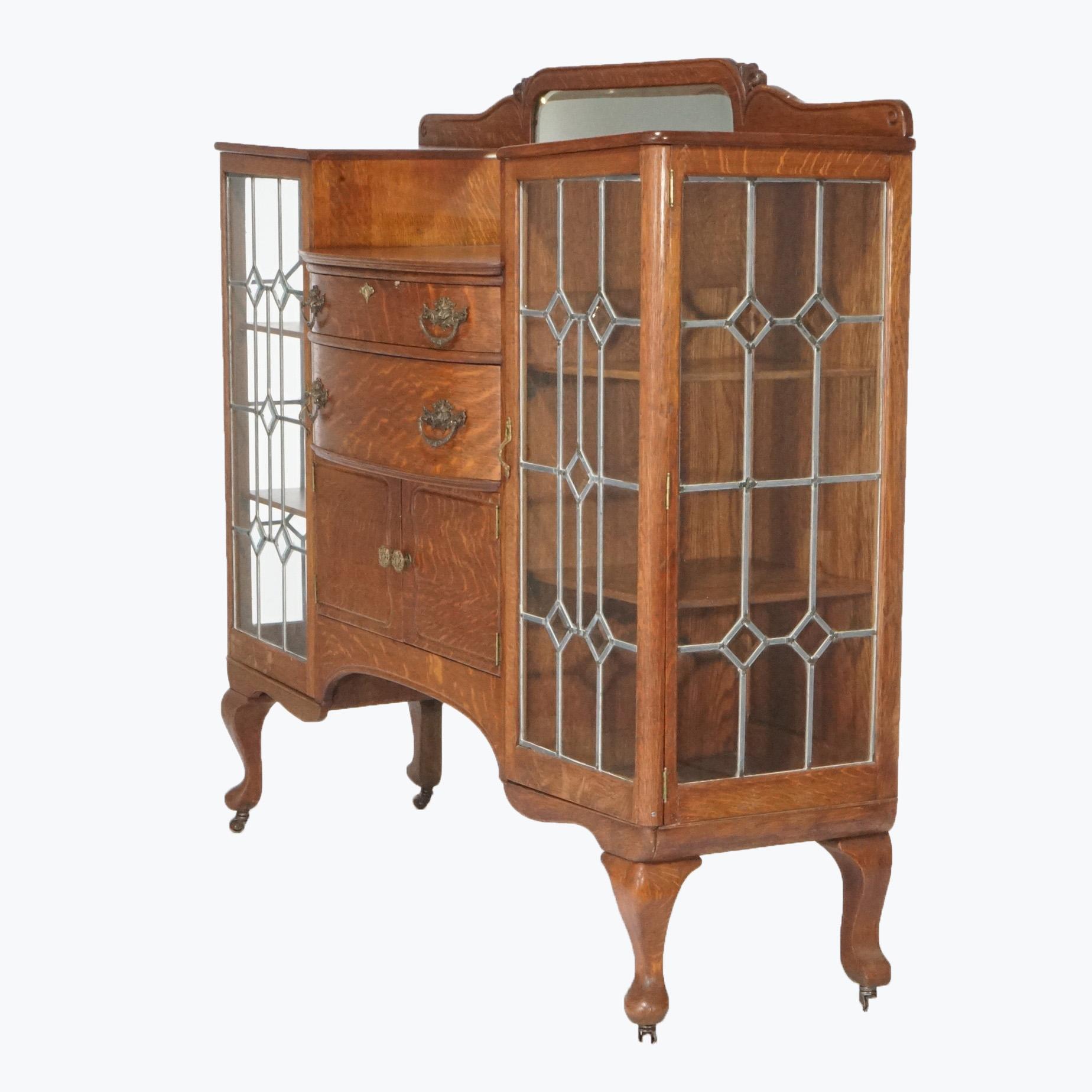 American Antique RJ Horner School Oak China Buffet with Mirror & Leaded Glass Doors C1900