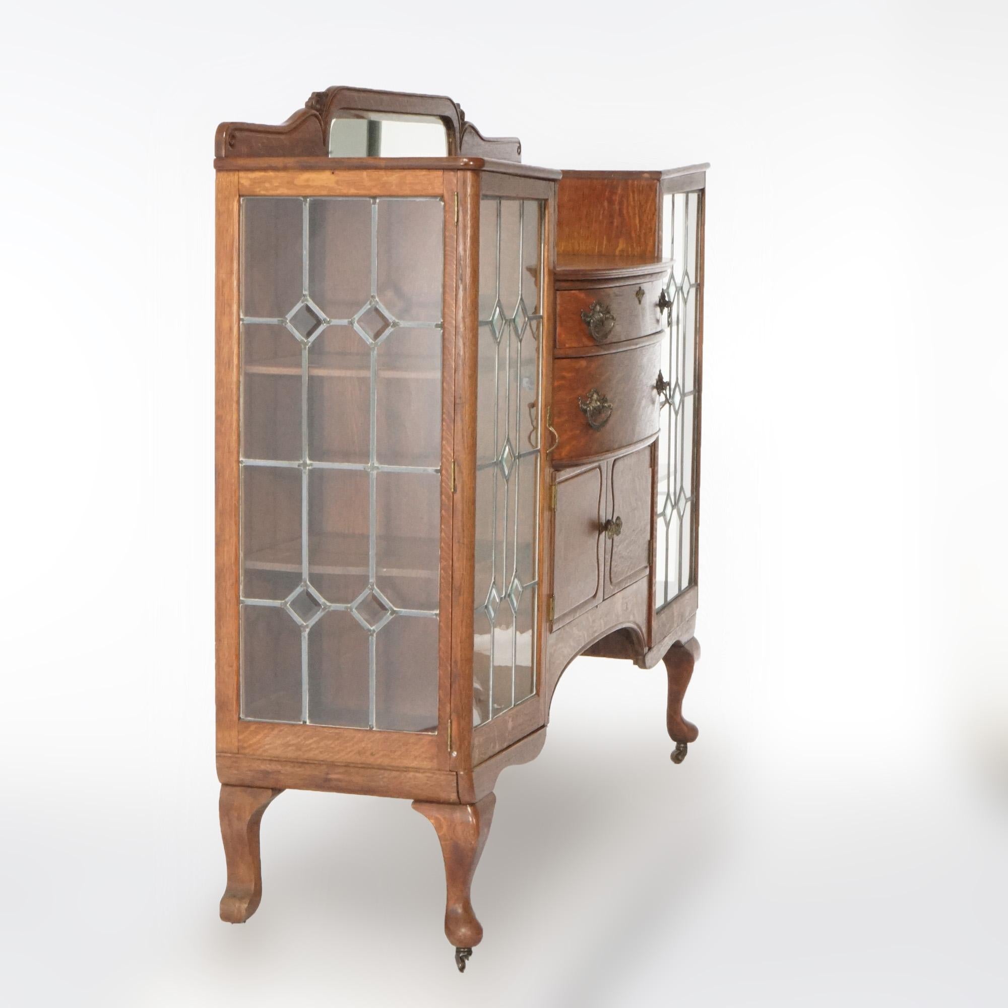 Antique RJ Horner School Oak China Buffet with Mirror & Leaded Glass Doors C1900 In Good Condition In Big Flats, NY