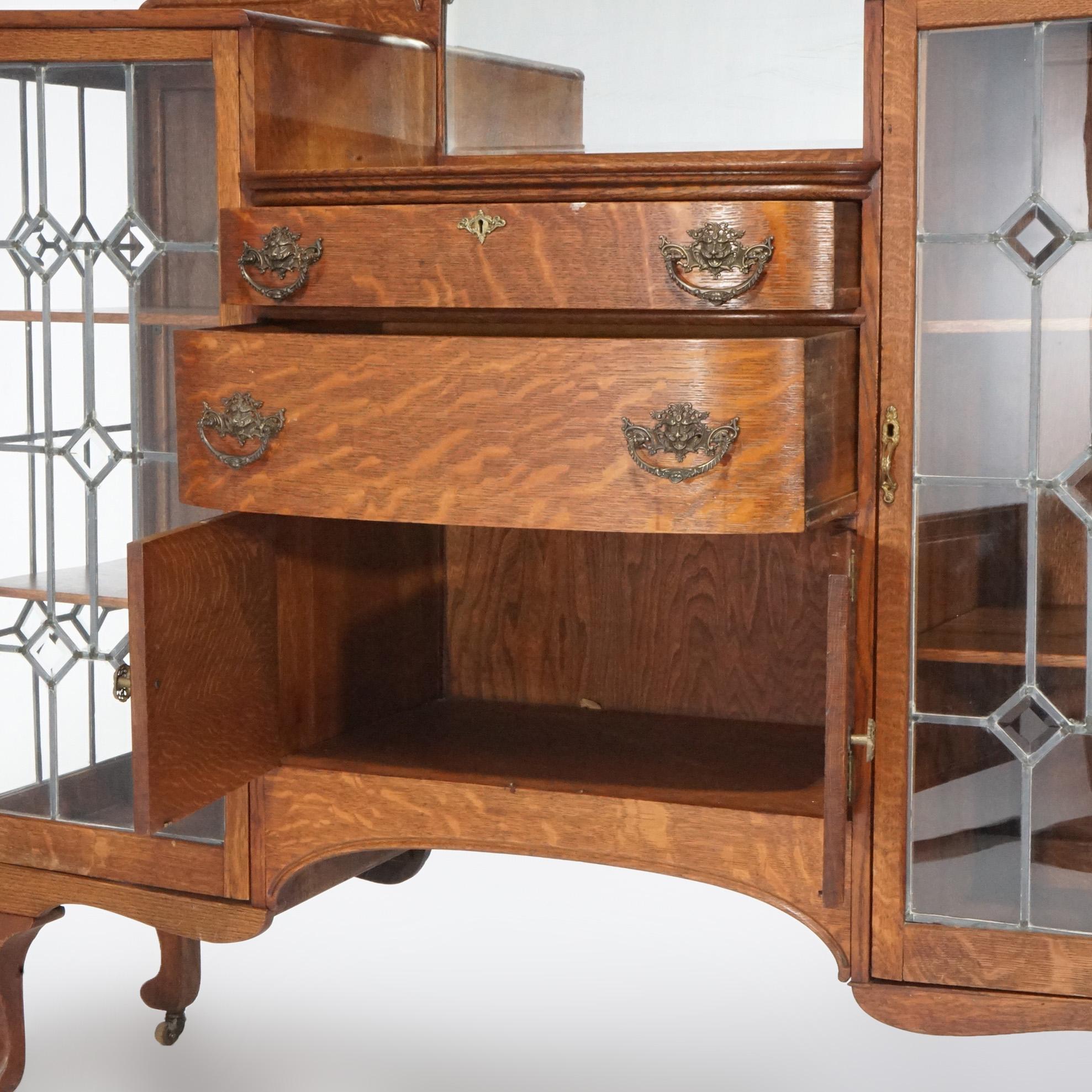 Antique RJ Horner School Oak China Buffet with Mirror & Leaded Glass Doors C1900 3