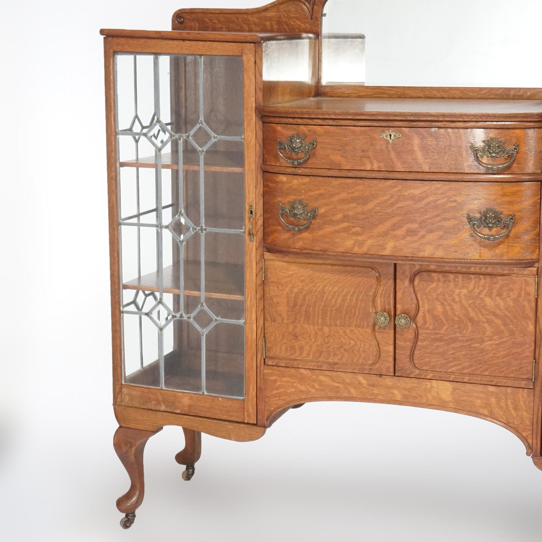 Antique RJ Horner School Oak China Buffet with Mirror & Leaded Glass Doors C1900 4