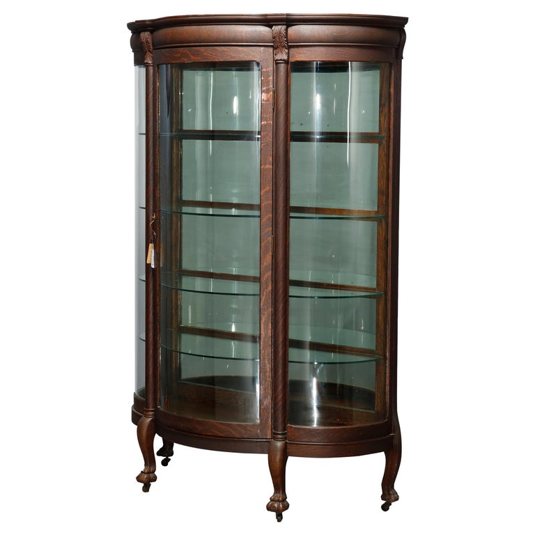 Oak And Curved Glass China Cabinet, Curved Glass China Cabinet Antique