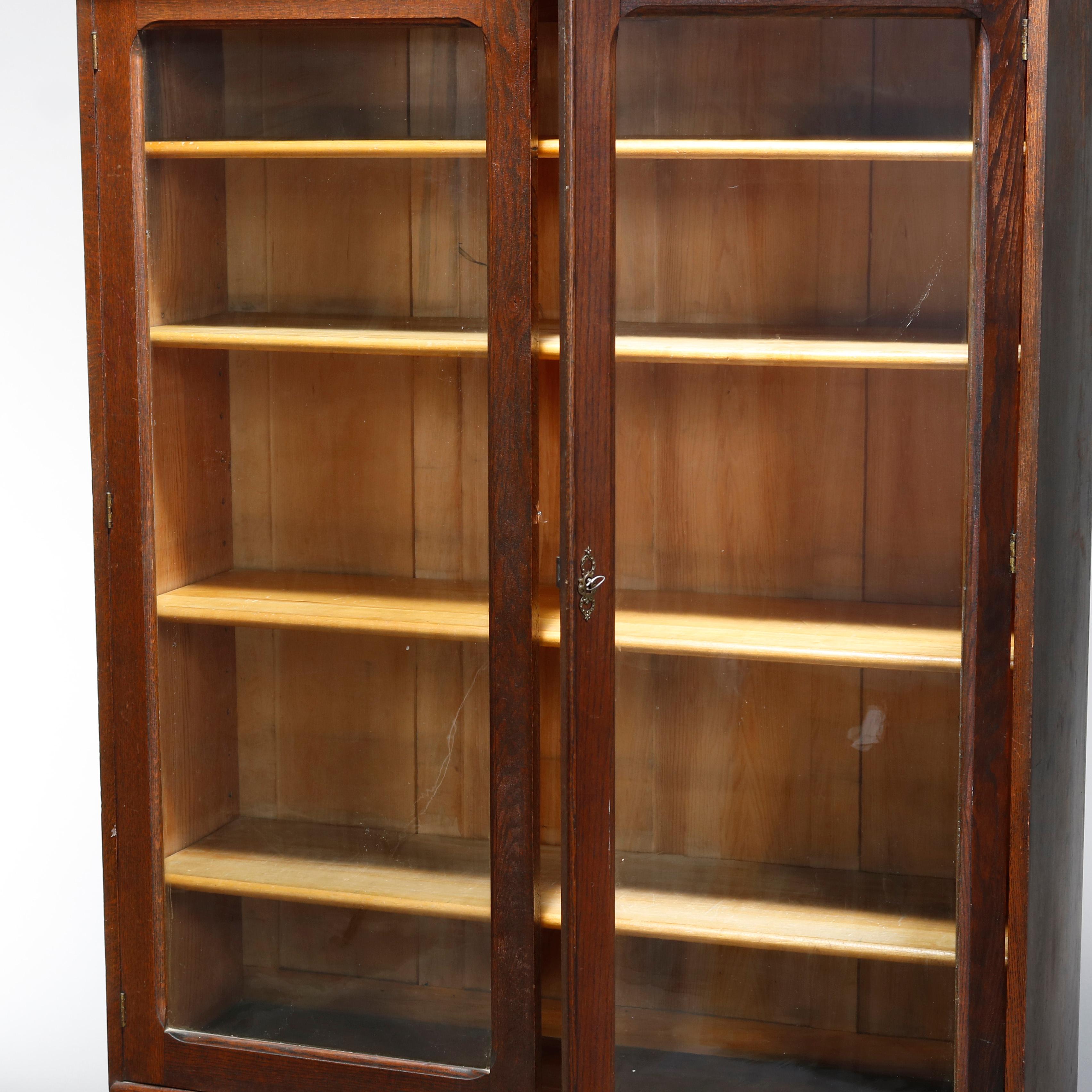 20th Century Antique RJ Horner School Oak Two Door Bookcase Over Two Drawers, Circa 1900