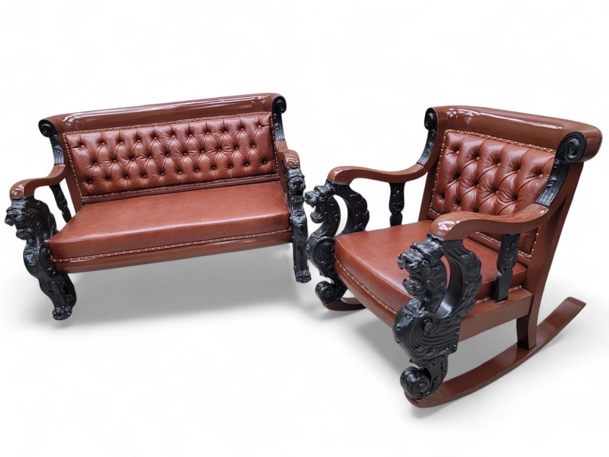 Antike J.R. Horner Style Carved Griffin Tufted Parlor Set Neu gepolstert im Angebot 13