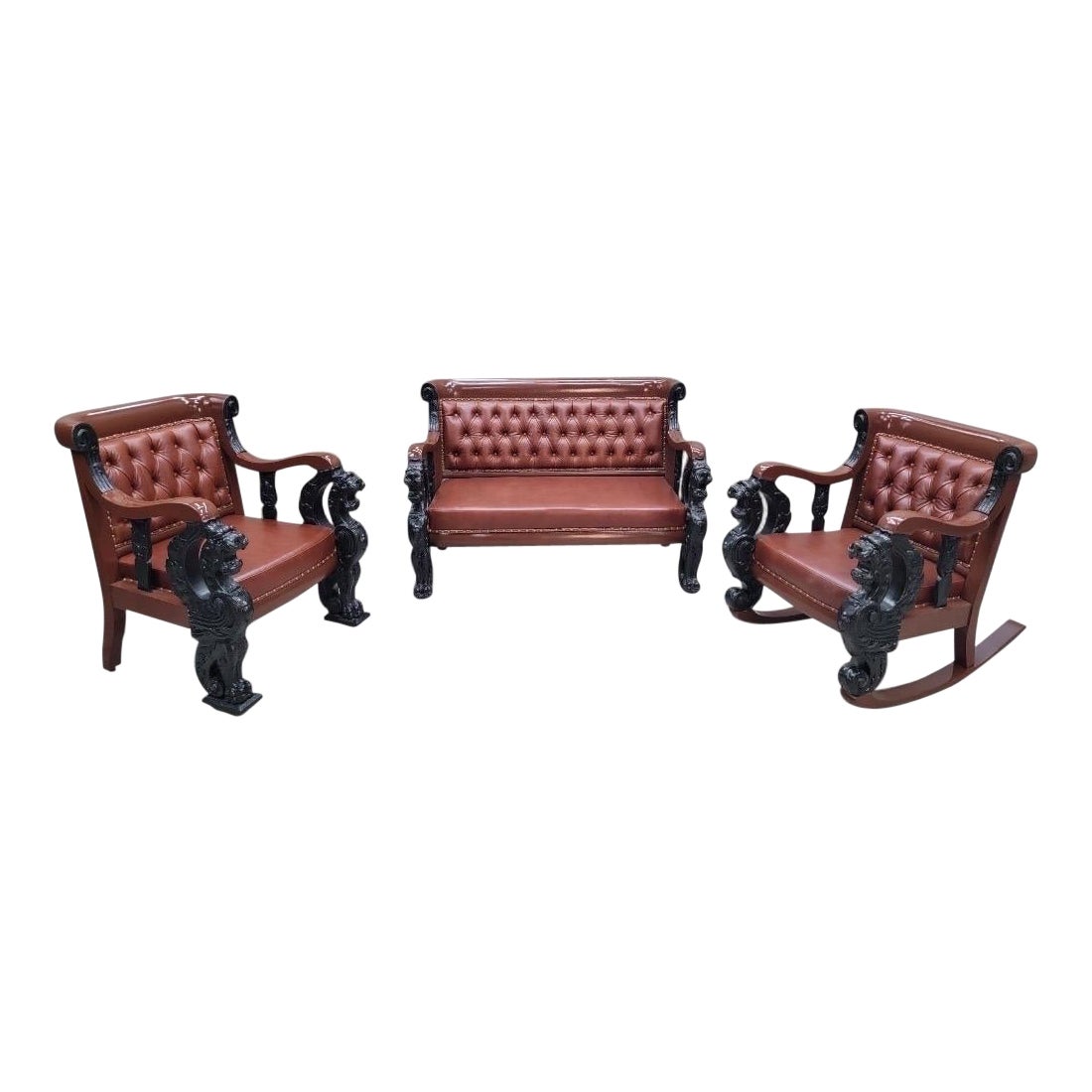 Antike J.R. Horner Style Carved Griffin Tufted Parlor Set Neu gepolstert im Angebot