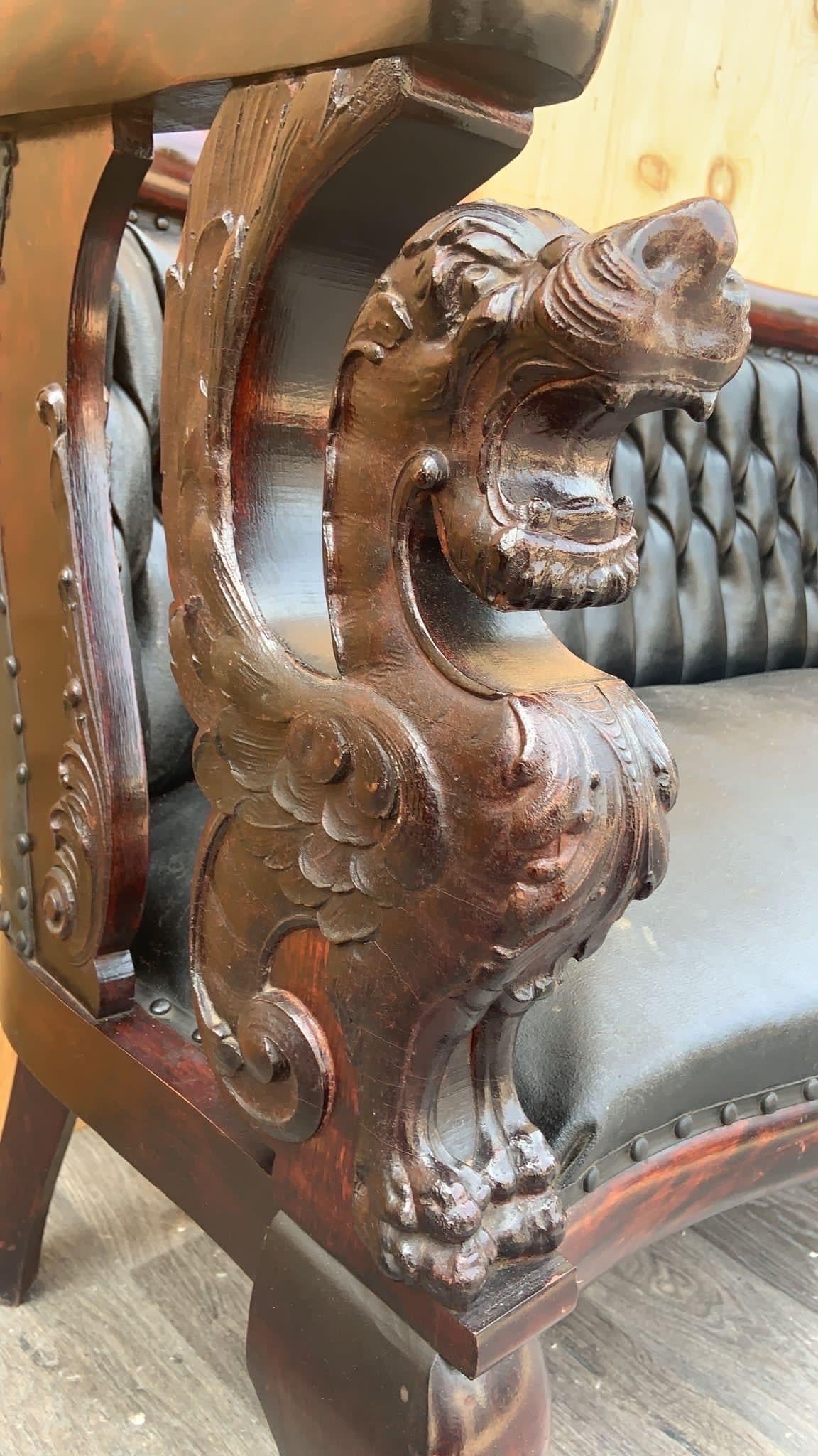 Antique R.J. Horner Style Carved Mahogany Winged Griffin Parlor Set 

Stunning Antique R.J. Horner Style 2 piece Carved Mahogany Winged Griffin Parlor Set. Both the settee & matching armchair have beautifully turned crest rail which is slightly