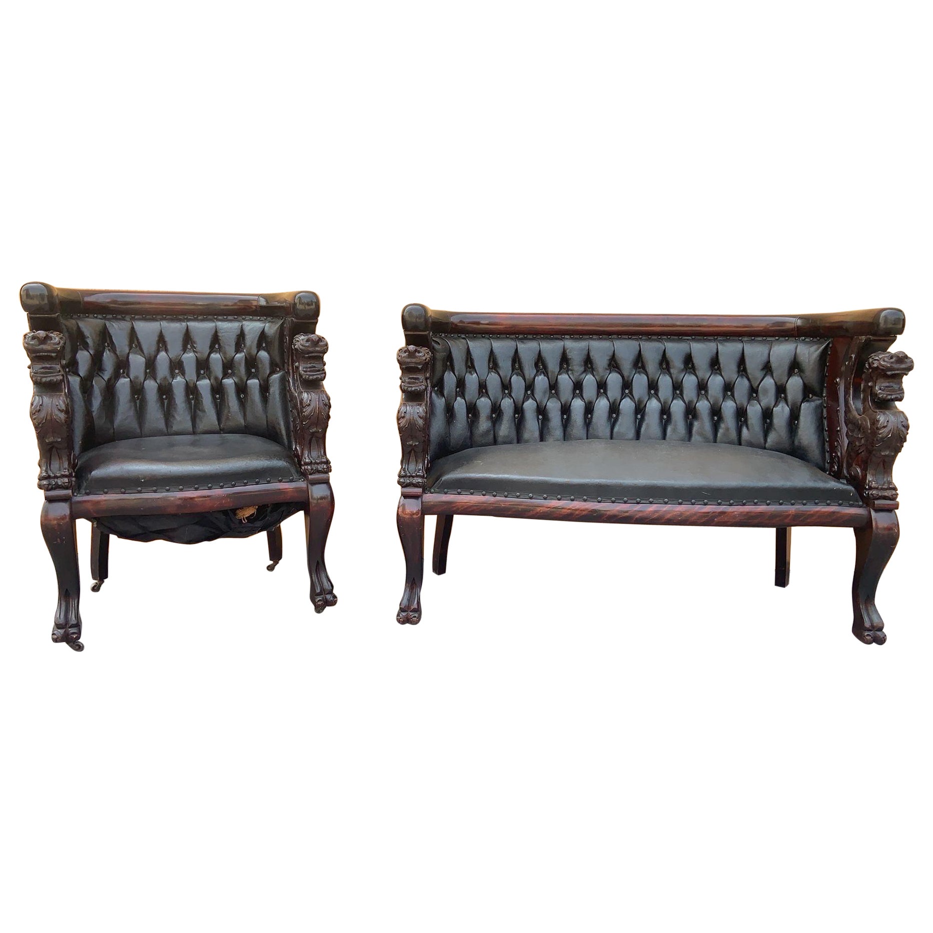 Antique R.J. Horner Style Carved Mahogany Winged Griffin Parlor Set