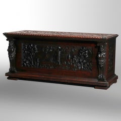 Antique RJ Horner Style Figural & Scenic Deeply Carved Oak Cassone, circa 1890