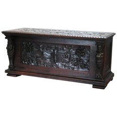 Antique RJ Horner Style Figural & Scenic Deeply Carved Oak Cassone, circa 1890