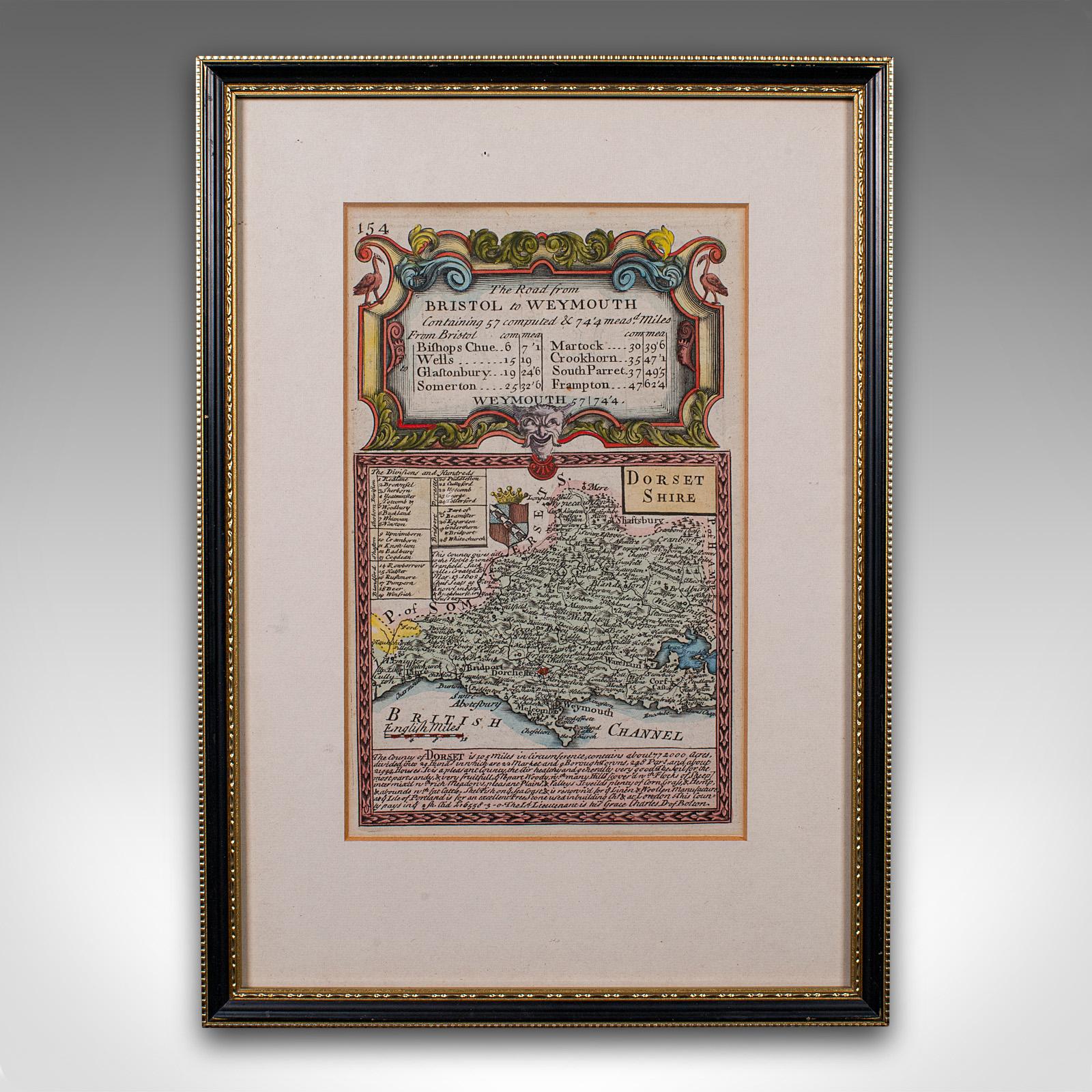 
This is an antique coaching road map of Bristol to Weymouth. An English, framed lithograph engraving of regional interest with second map to reverse, dating to the mid 18th century and later.

Fascinating 18th century highway cartography by John