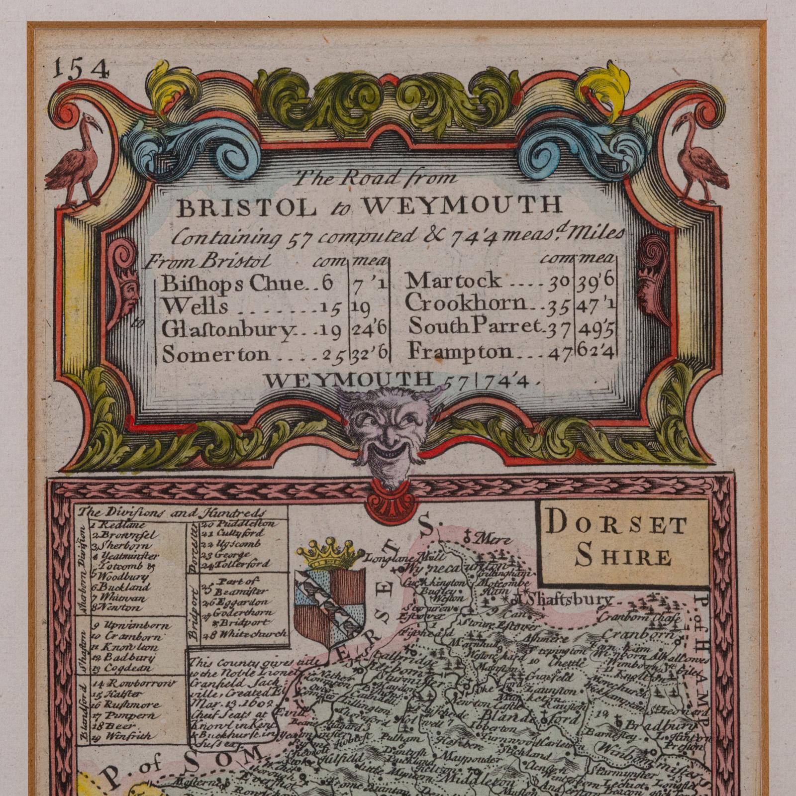 George II Antique Road Map, Bristol to Weymouth, English, Framed Cartography, Georgian For Sale