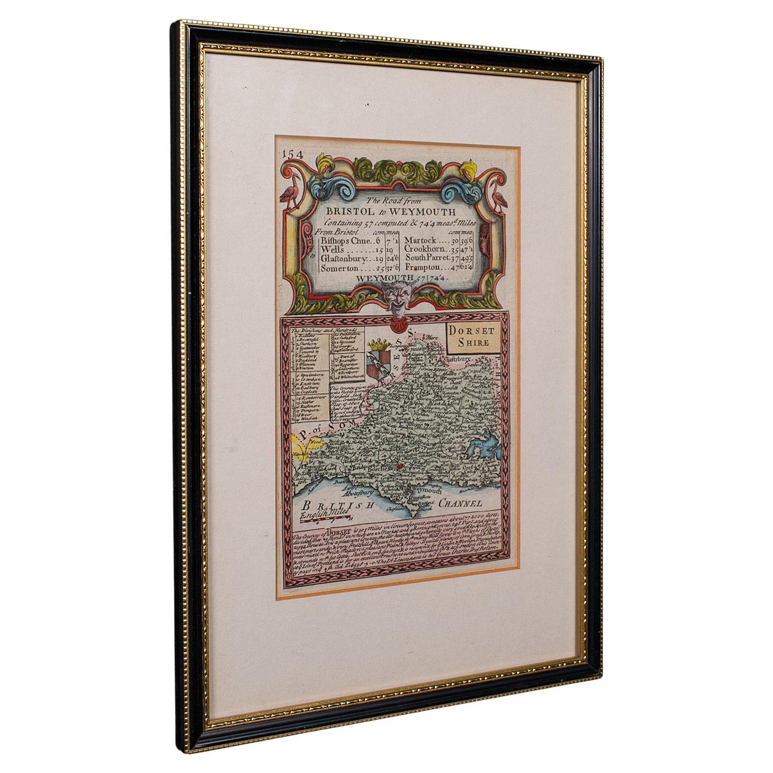 Antique Road Map, Bristol to Weymouth, English, Framed Cartography, Georgian