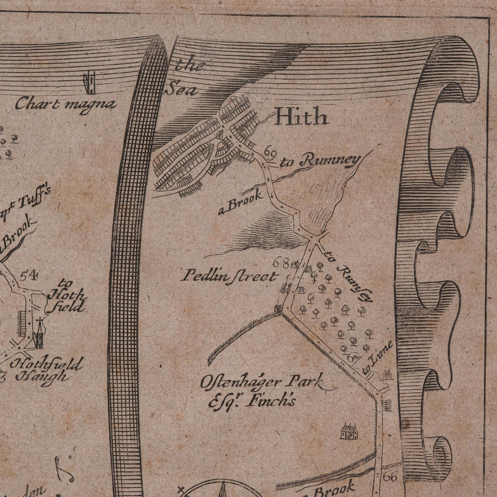 Carte routière ancienne, de Londres à Hythe, Kent, anglaise, cartographie, John Ogilby, 1675 en vente 3