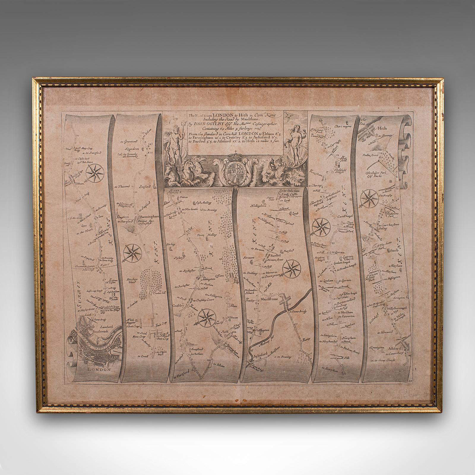 Il s'agit d'une ancienne carte routière de Londres à Hythe, dans le Kent. Un atlas cartographique anglais, extrait par John Ogilby, datant de la fin du 17e siècle avec un cadre plus tardif, vers 1675

Superbe exemple de cartographie routière