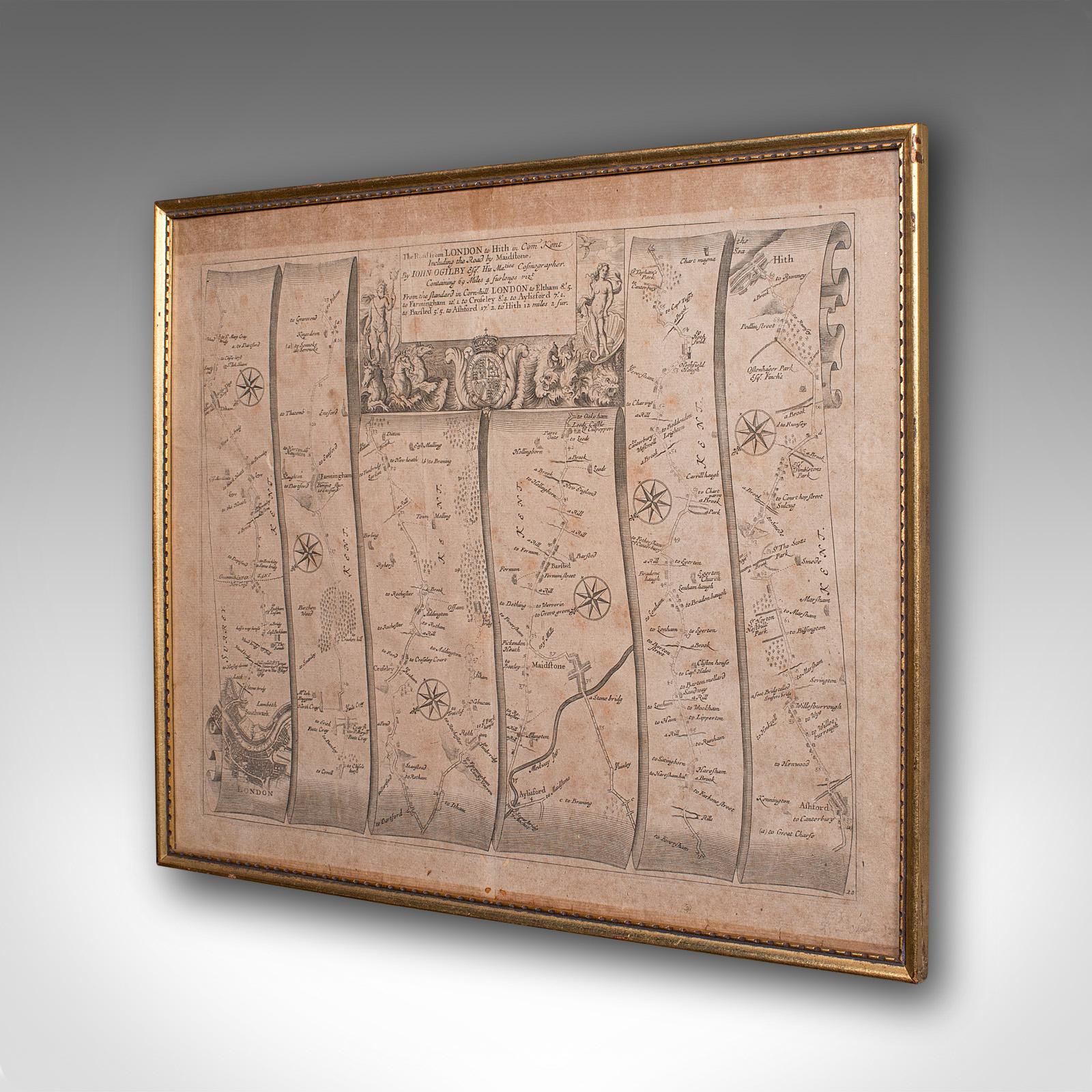 Queen Anne Carte routière ancienne, de Londres à Hythe, Kent, anglaise, cartographie, John Ogilby, 1675 en vente