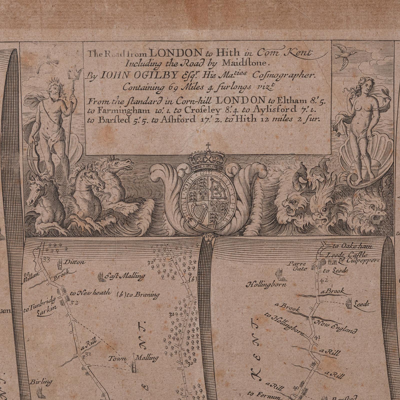 Carte routière ancienne, de Londres à Hythe, Kent, anglaise, cartographie, John Ogilby, 1675 Bon état - En vente à Hele, Devon, GB