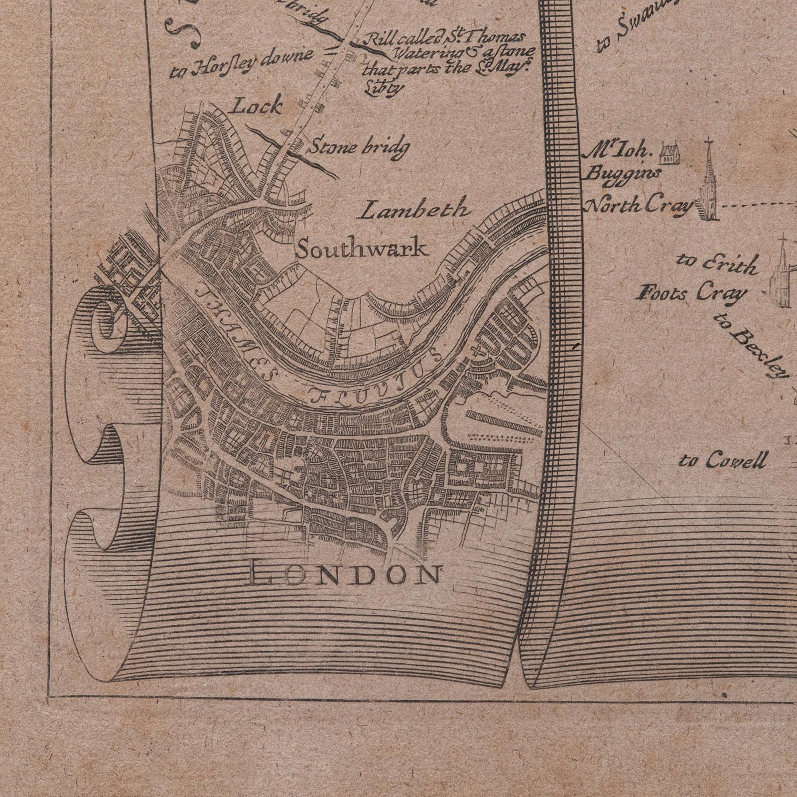 XVIIIe siècle et antérieur Carte routière ancienne, de Londres à Hythe, Kent, anglaise, cartographie, John Ogilby, 1675 en vente