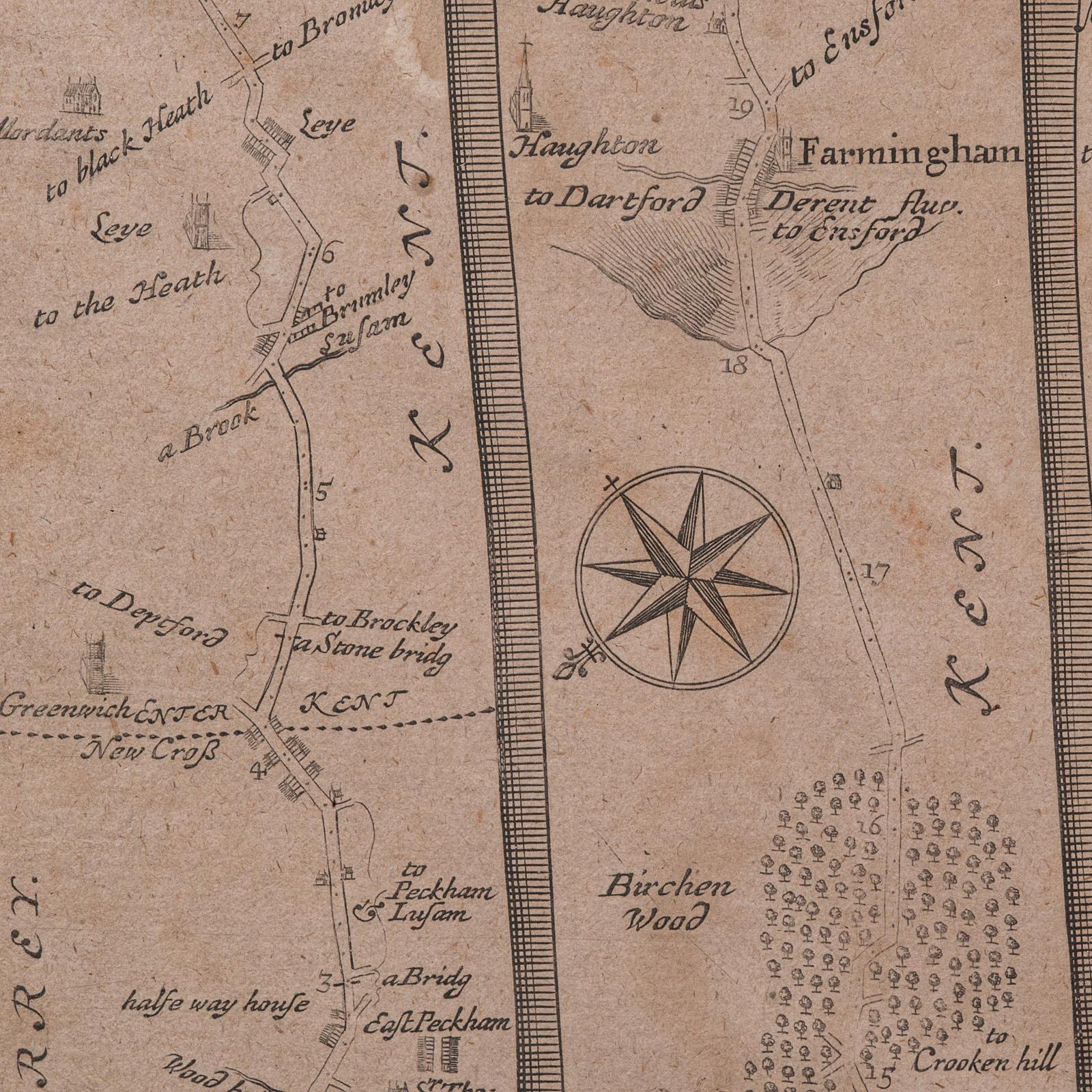 Verre Carte routière ancienne, de Londres à Hythe, Kent, anglaise, cartographie, John Ogilby, 1675 en vente