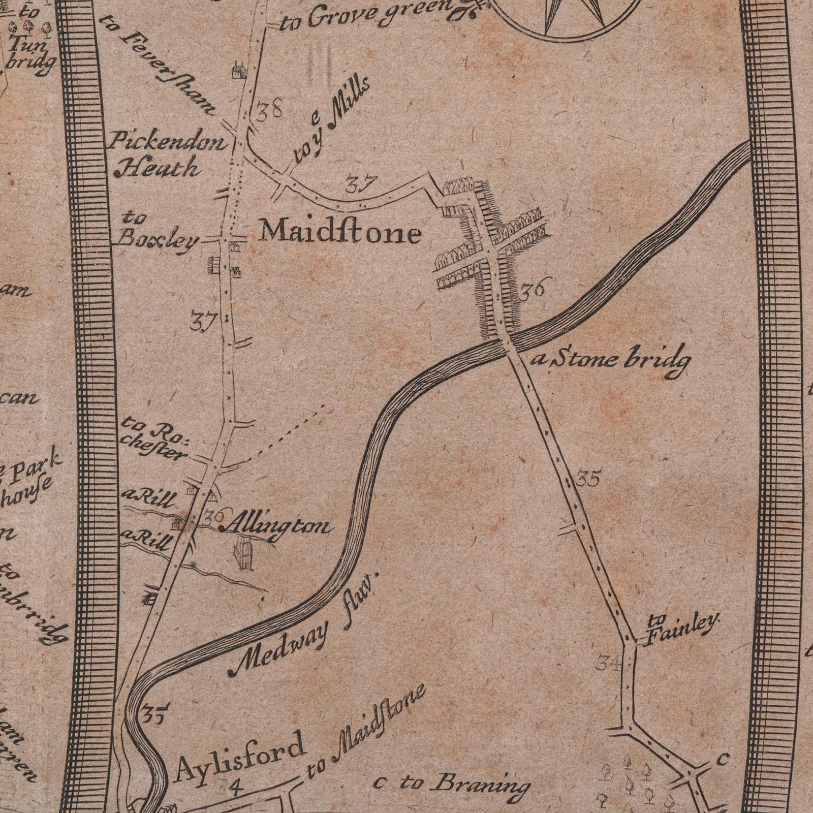 Carte routière ancienne, de Londres à Hythe, Kent, anglaise, cartographie, John Ogilby, 1675 en vente 1